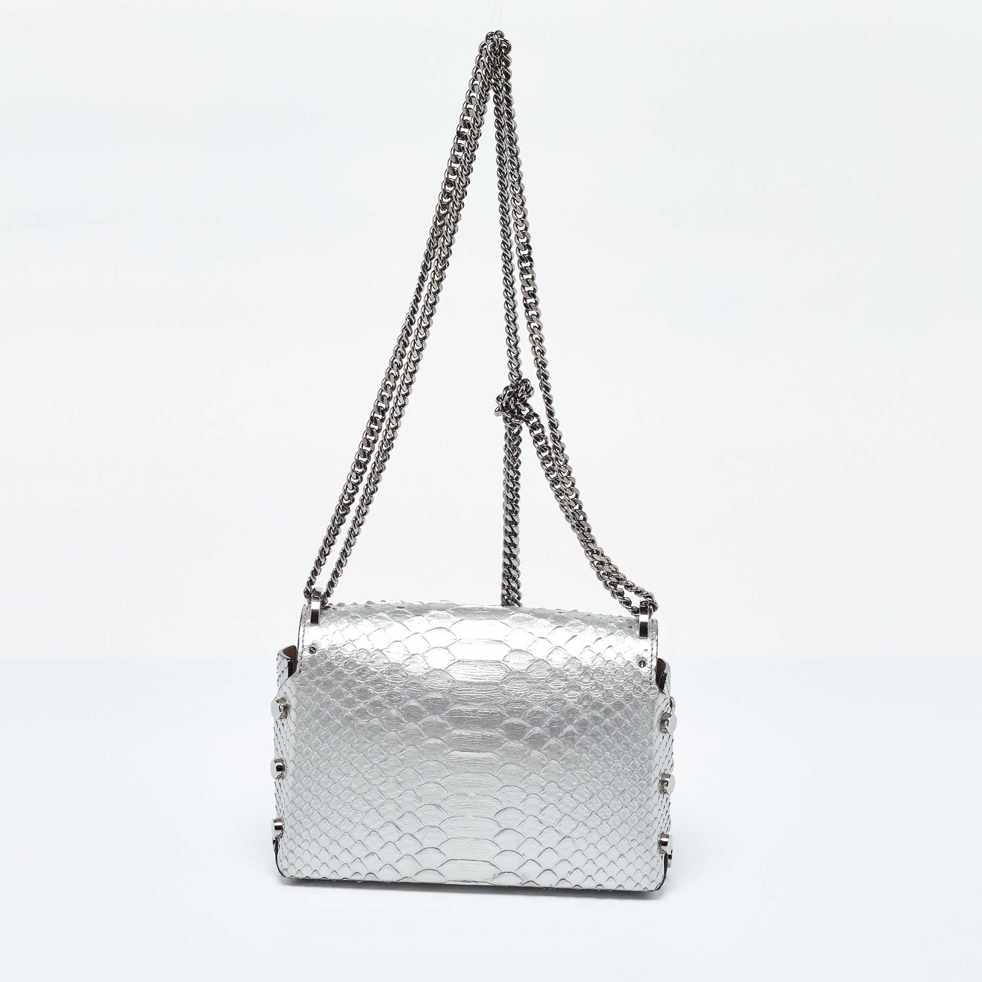 Jimmy Choo Silver Snakeskin Lockett City Shoulder Bag