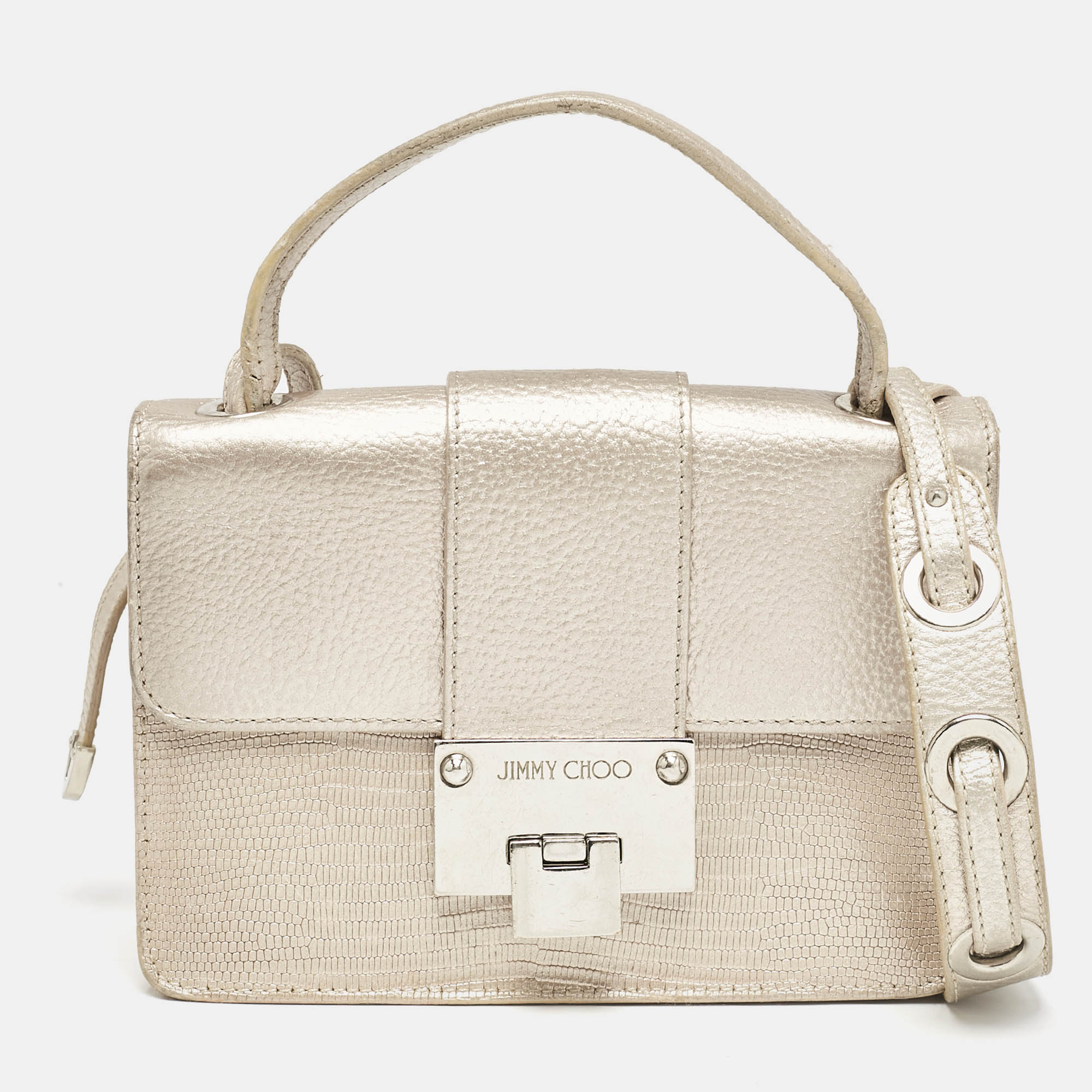 Jimmy Choo Metallic Beige Lizard Embossed Leather Rebel Crossbody Bag
Jimmy Choo Metallic Beige Lizard Embossed Leather Rebel Crossbody Bag