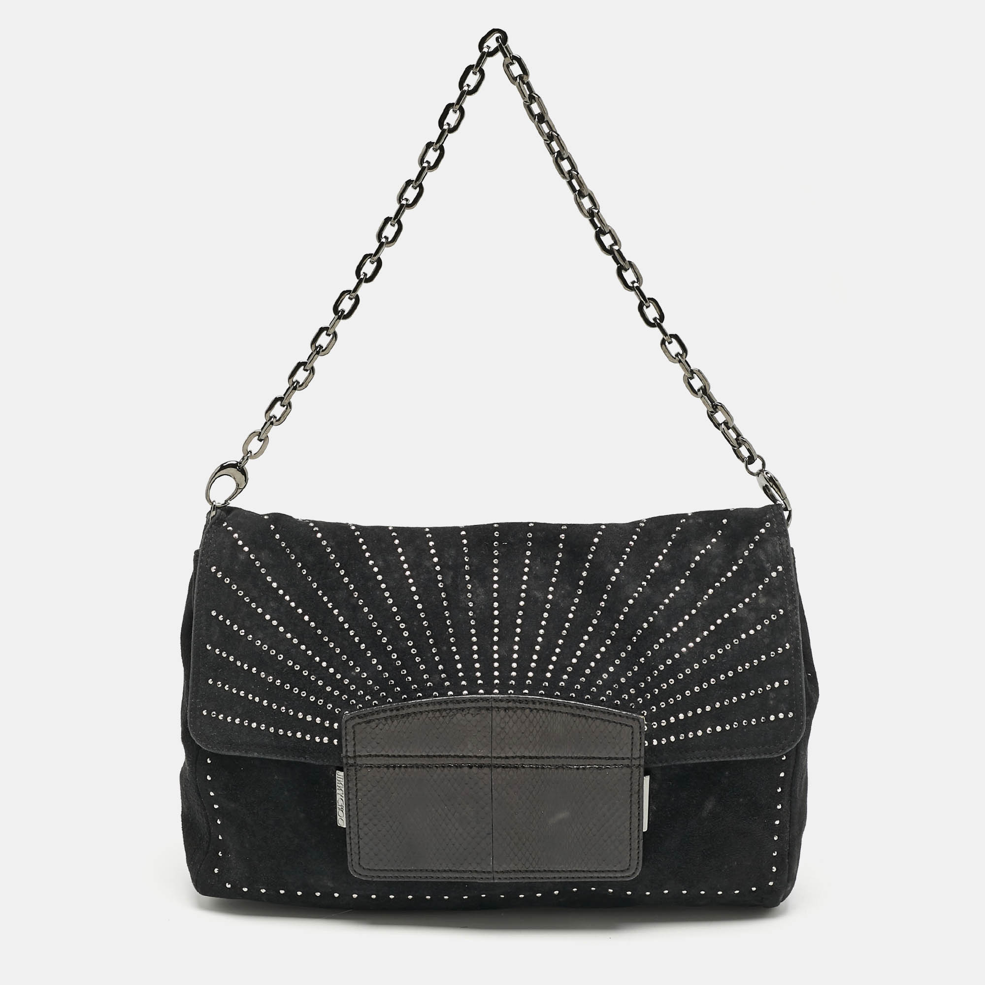 Jimmy Choo Black Suede and Snakeskin Studded Carolina Chain Shoulder Bag
Jimmy Choo Black Suede and Snakeskin Studded Carolina Chain Shoulder Bag