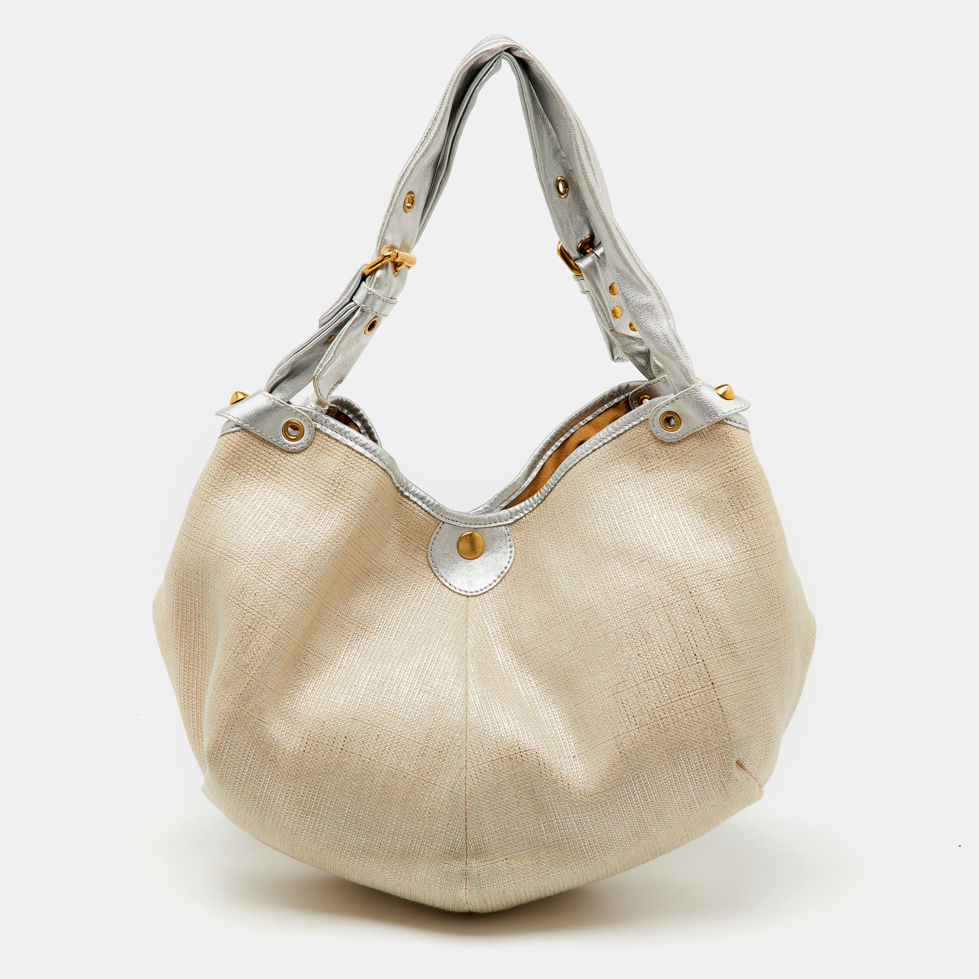 Jimmy Choo Metallic Beige/Silver Canvas and Leather Oracle Hobo
Jimmy Choo Metallic Beige/Silver Canvas and Leather Oracle Hobo