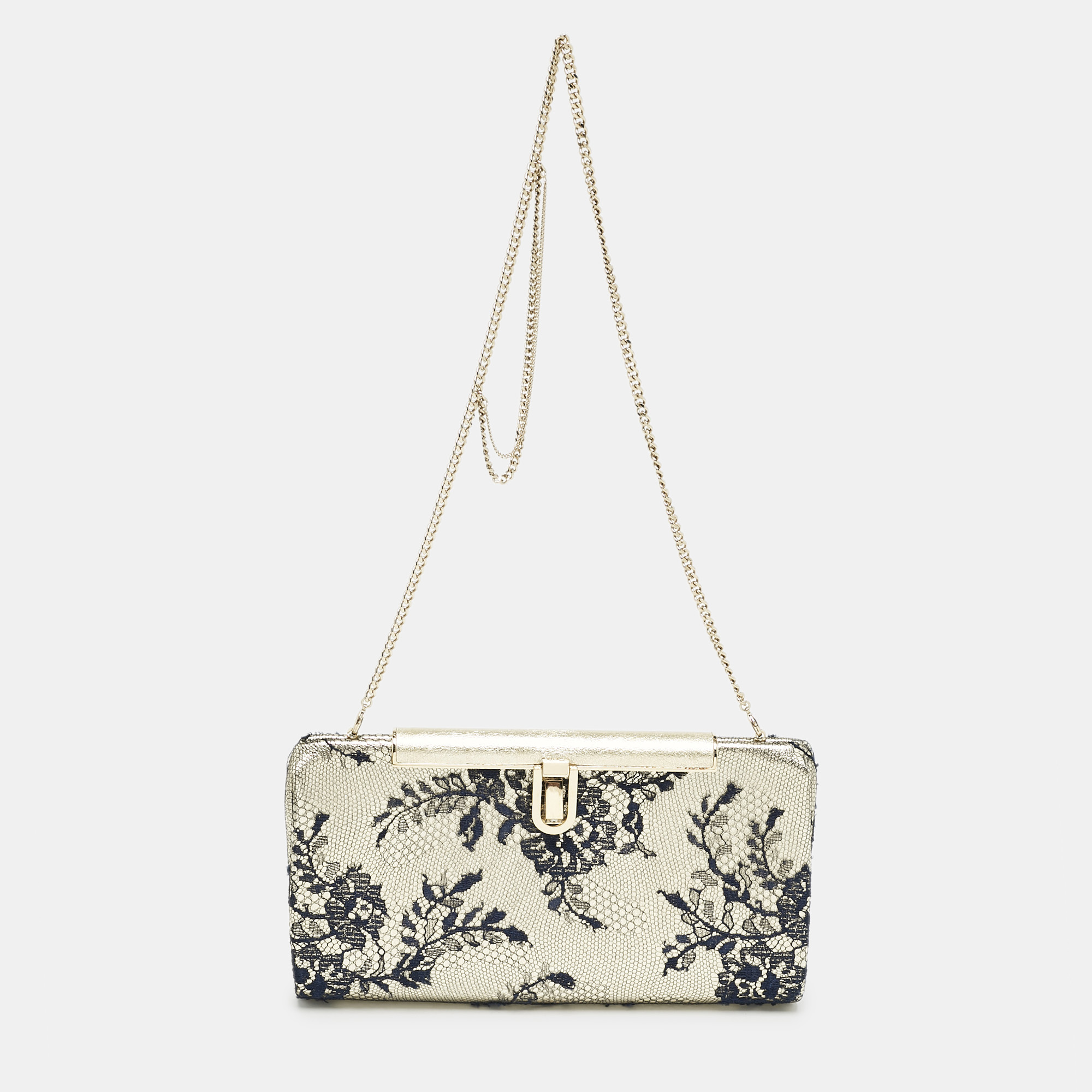 Jimmy Choo Pale Gold/Navy Blue Lace Camille and Leather Chain Clutch
Jimmy Choo Pale Gold/Navy Blue Lace Camille and Leather Chain Clutch