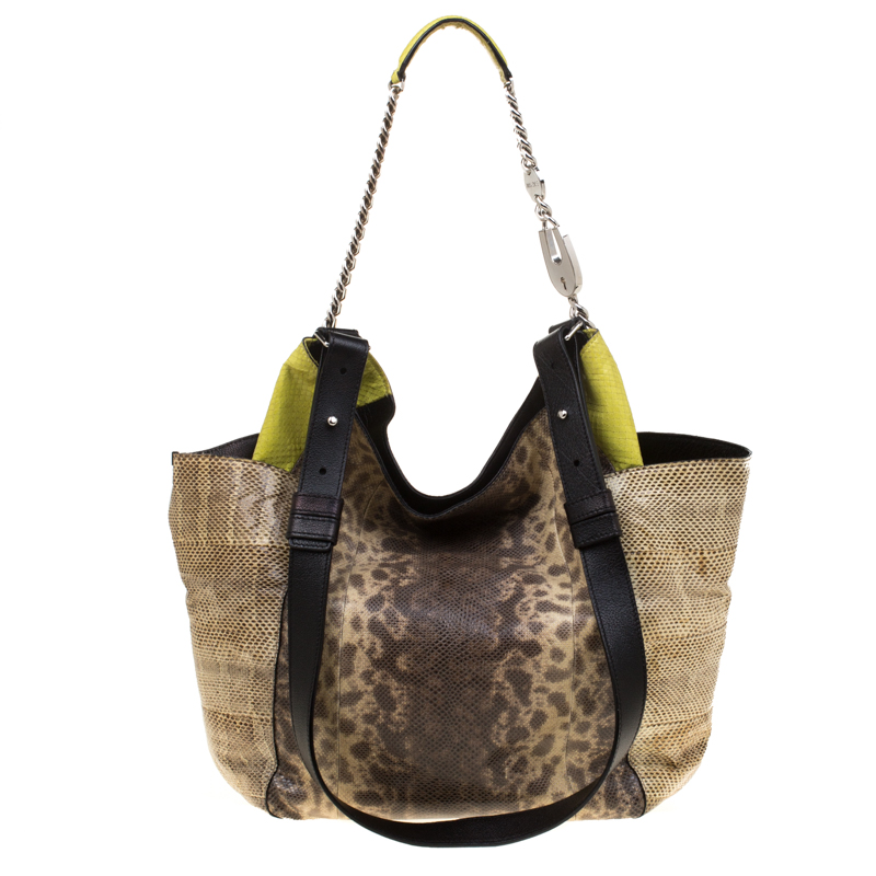 Image of Jimmy Choo Beige/Green Lizard and Snakeskin Anna Shoulder Bag