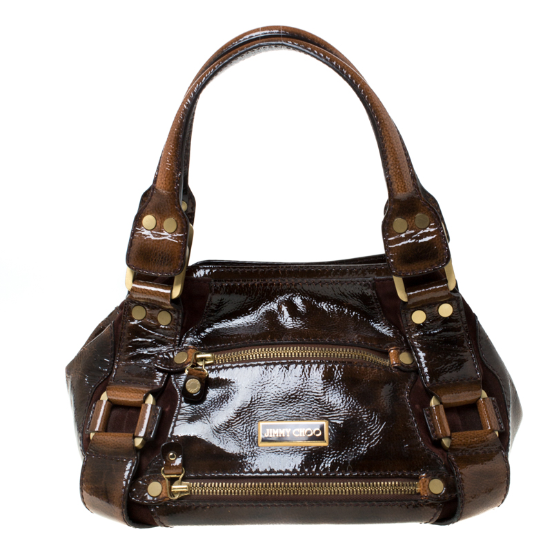Image of Jimmy Choco Brown Patent Leather and Suede Mahala Satchel