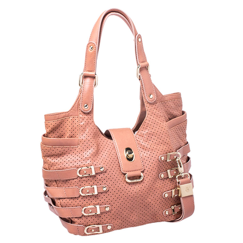 Jimmy Choo Nude Pink Perforated Leather Bardia Buckle Shoulder Bag