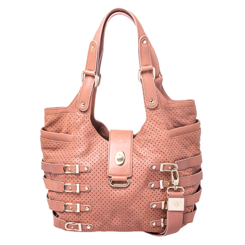 Jimmy choo nude pink perforated leather bardia buckle shoulder bag