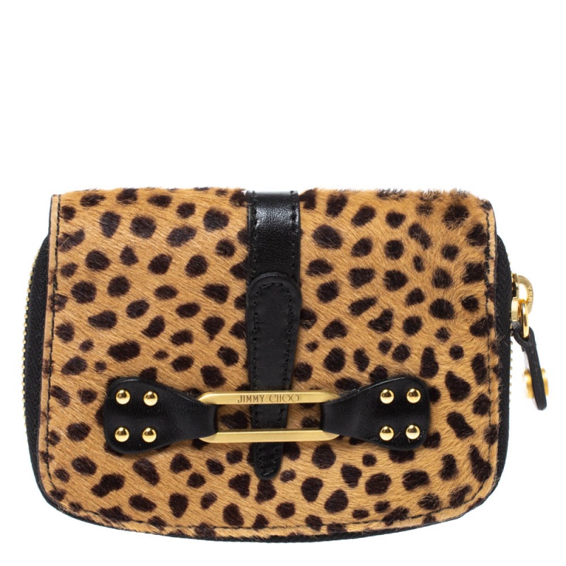 Image of Jimmy Choo Beige/Black Leopard Print Calfhair and Leather Compact Wallet