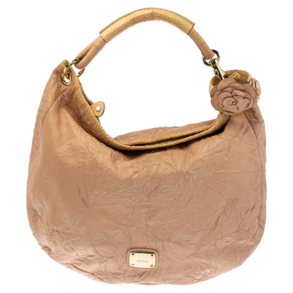 Jimmy Choo Dusty Pink Crinkled Leather and Snakeskin Solar Hobo