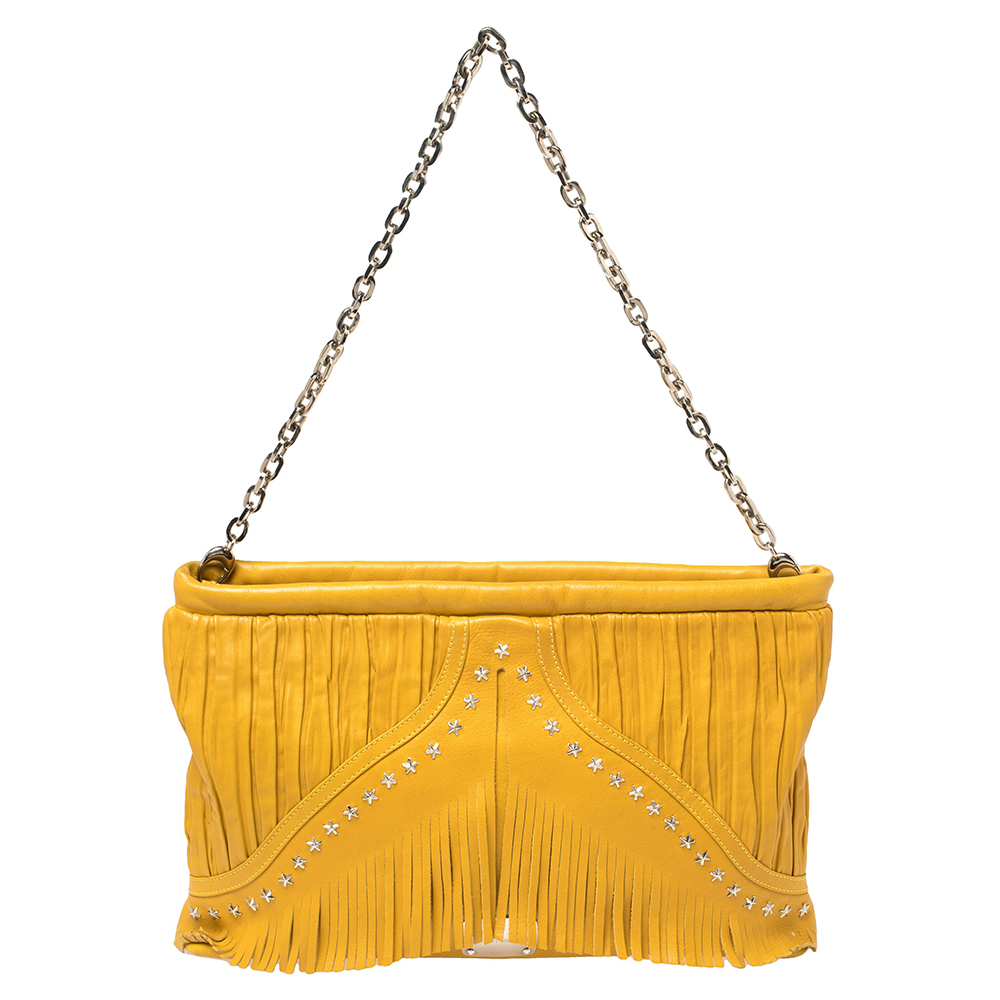 Jimmy Choo Mustard Leather Oversize Star Fringed Chain Clutch