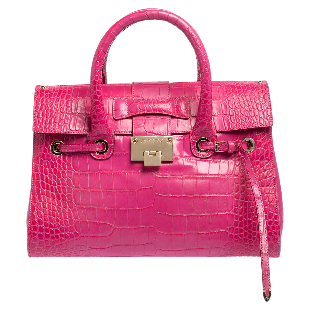 Jimmy Choo Pink Croc Embossed Leather Medium Rosalie Satchel