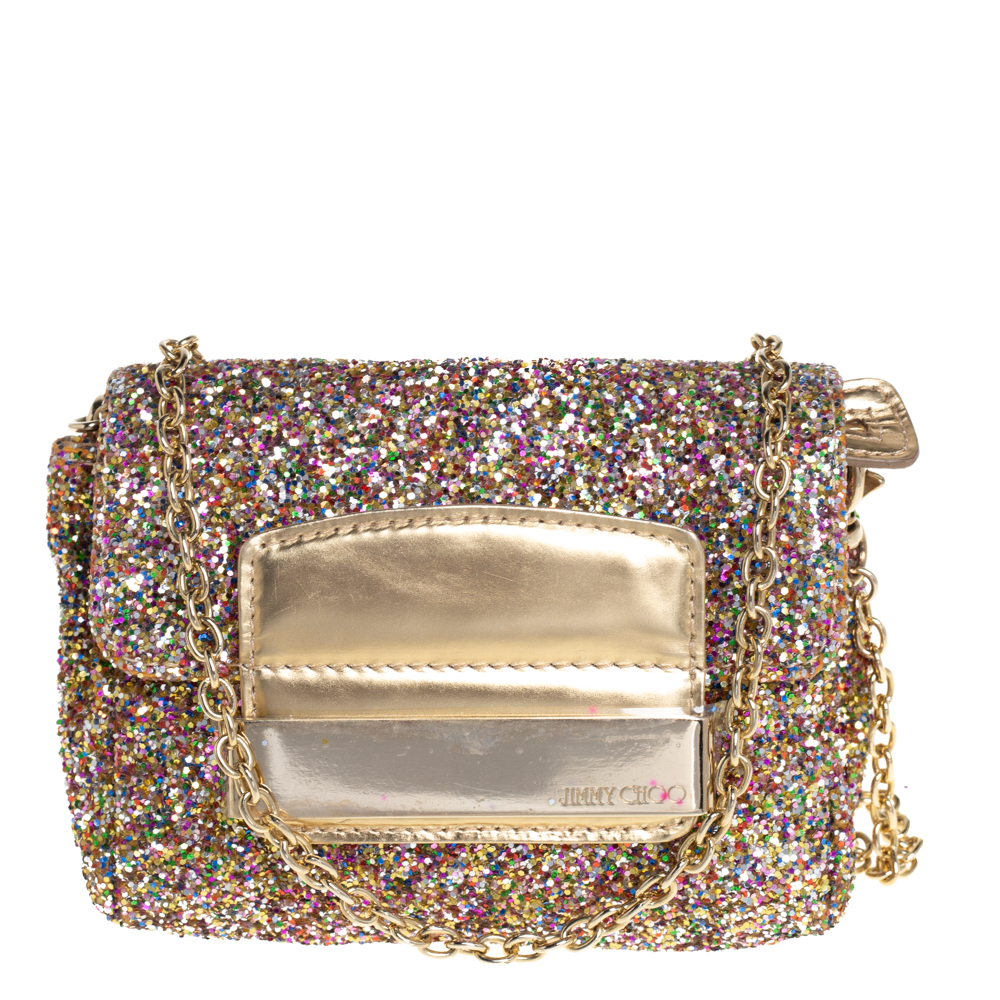 JImmy Choo Multicolor Glitter Mini Carolina Flap Chain Bag