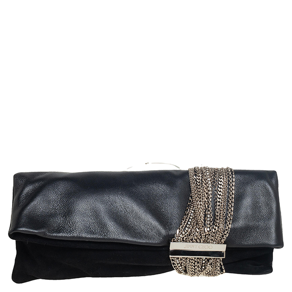 Jimmy Choo Black Leather and Suede Chandra Clutch