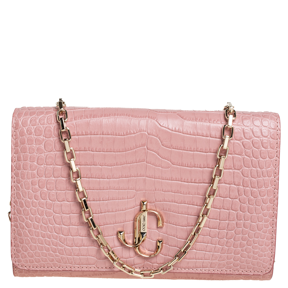 Jimmy Choo Pink Croc Embossed Leather Varenne Chain Clutch