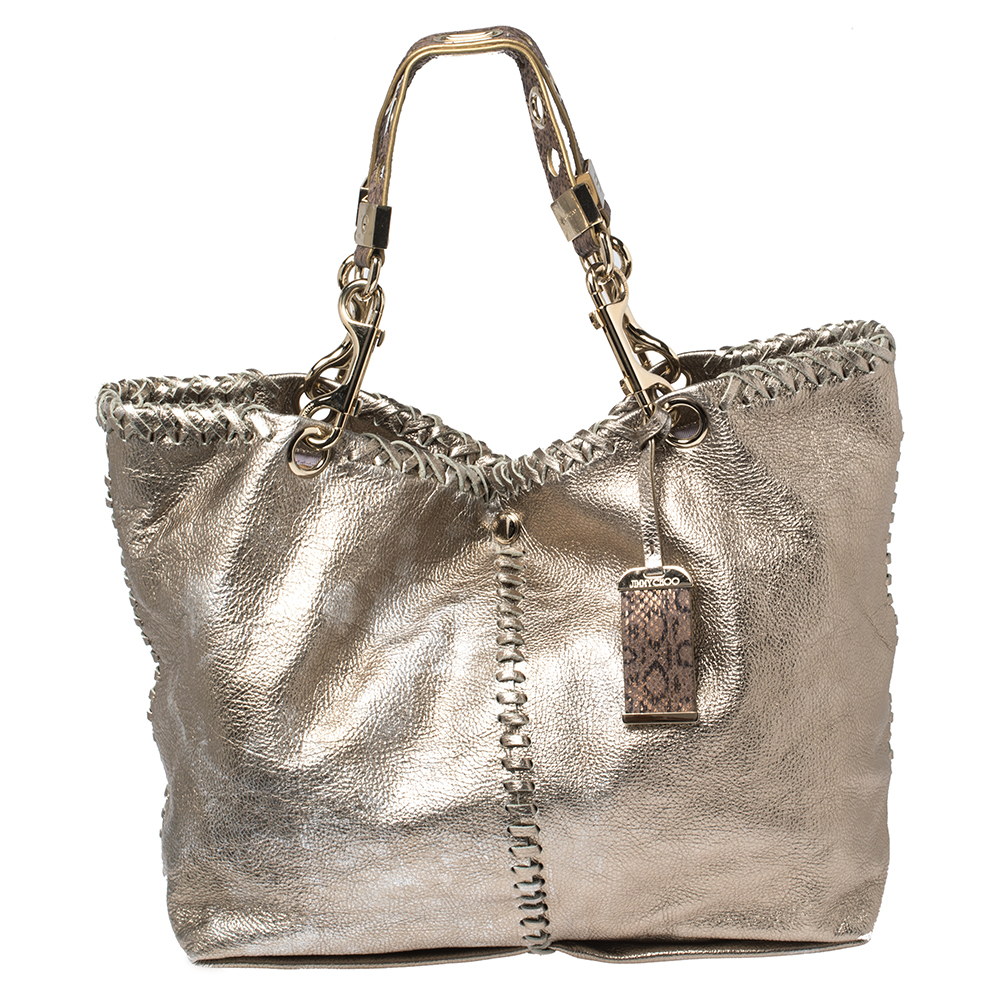Jimmy Choo Metallic Leather and Snakeskin Trim Whipstitch Tote