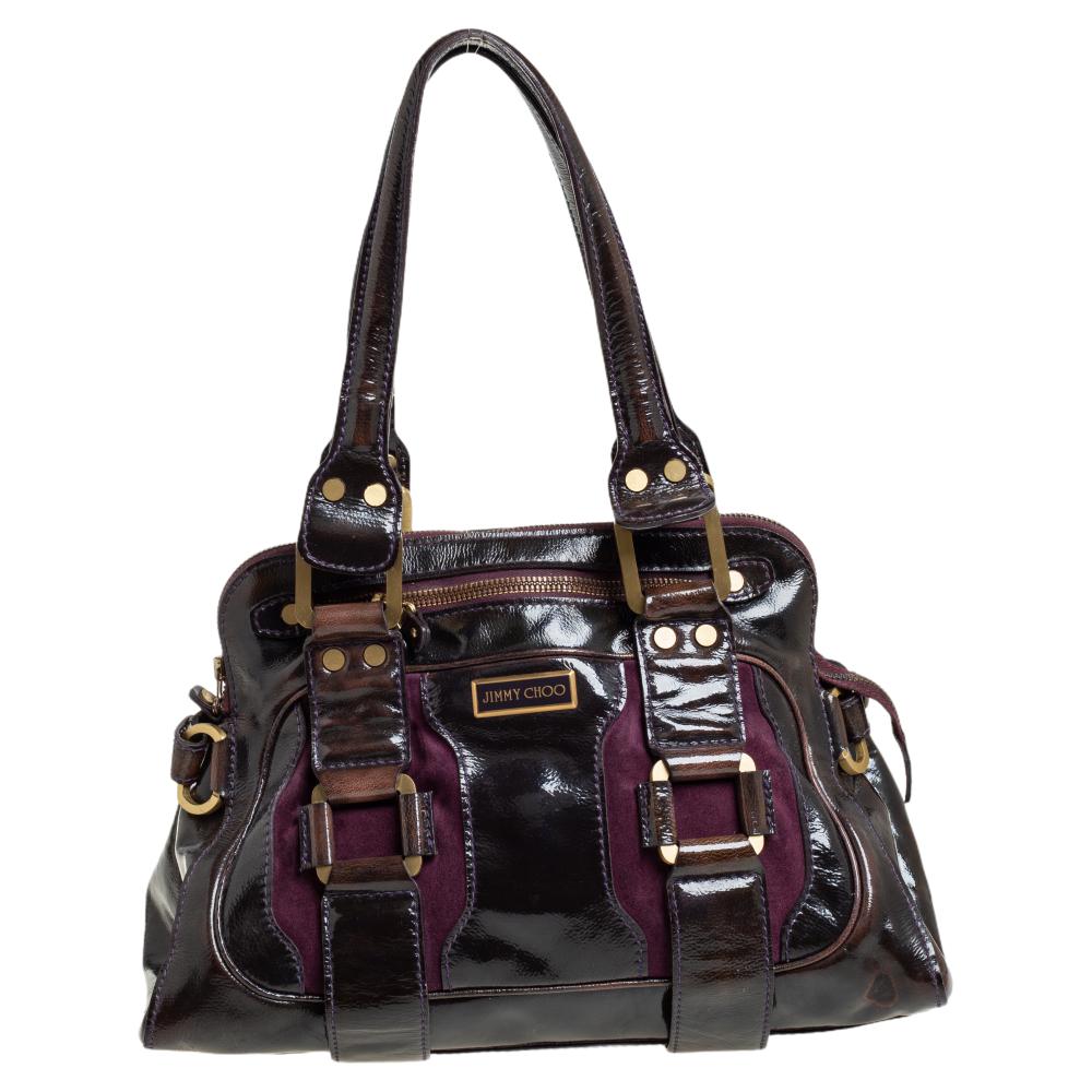 Jimmy Choo Dark Brown/Purple Patent Leather and Suede Malena Satchel