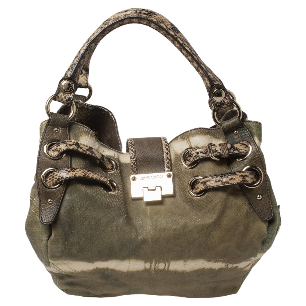 Jimmy Choo Green/Brown Python Embossed Leather Riki Tote