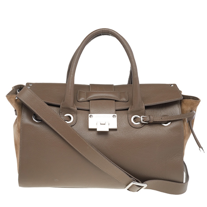 Jimmy Choo Grey/Beige Leather And Suede Rosa Top Handle Bag
