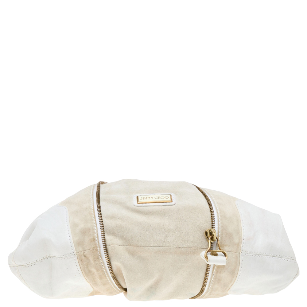 Jimmy Choo White/Light Beige Leather And Suede Maia Hobo