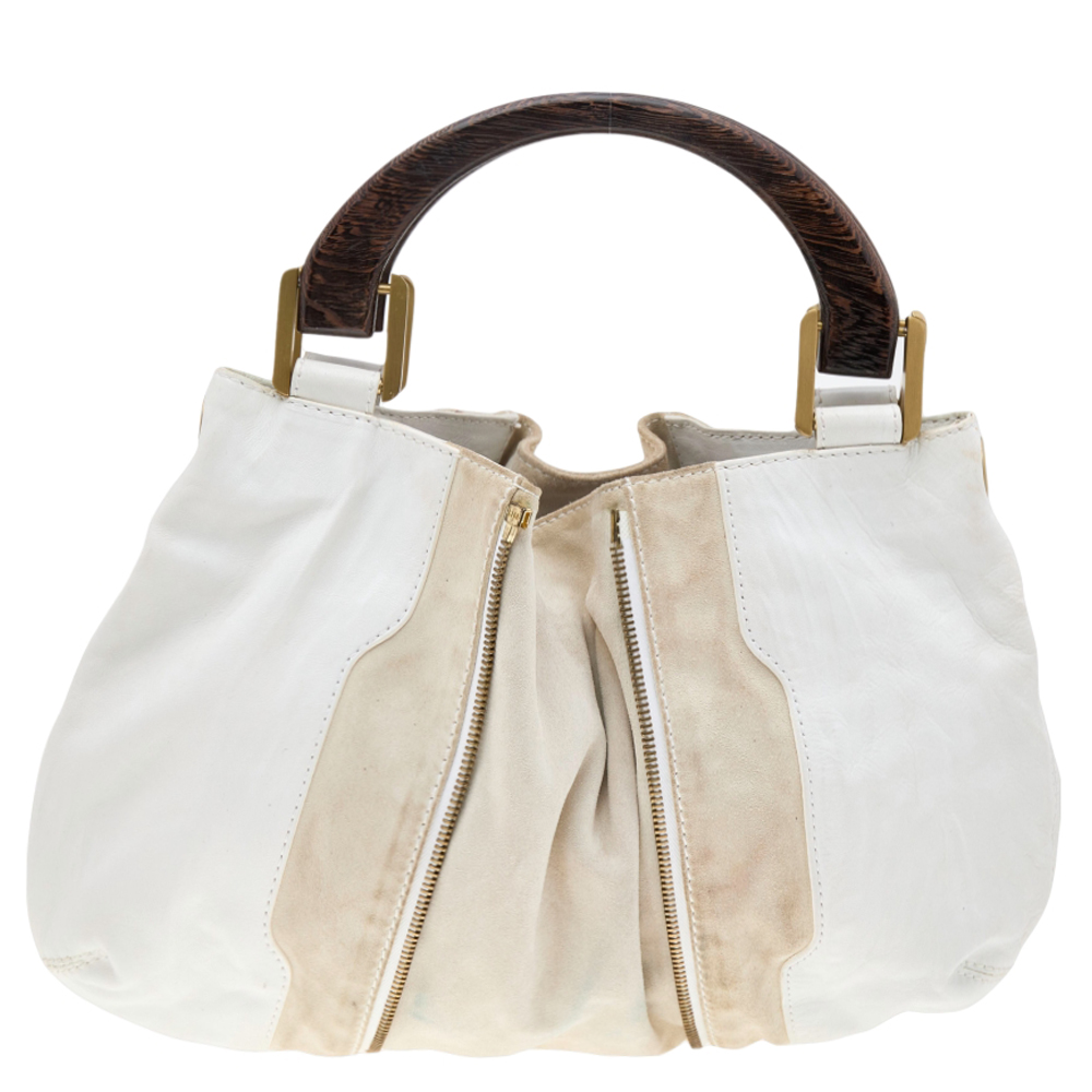 Jimmy Choo White/Light Beige Leather And Suede Maia Hobo