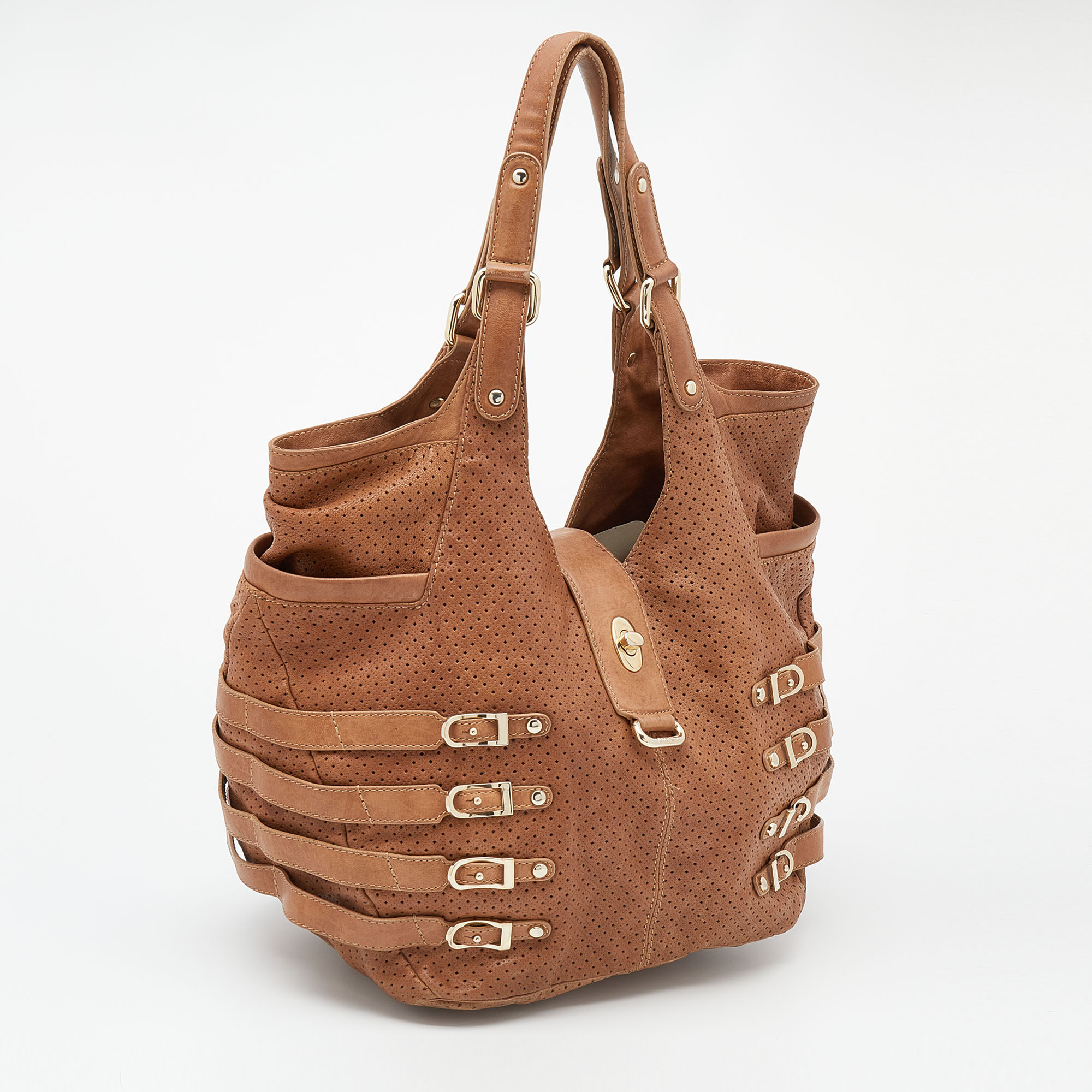 Jimmy Choo Brown Perforated Leather Bardia Shoulder Bag