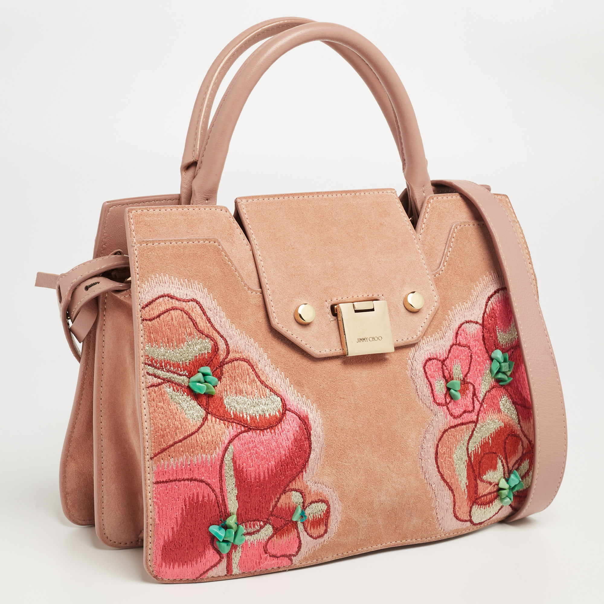 Jimmy Choo Dusty Pink Floral Embroidered Suede And Leather Riley Tote