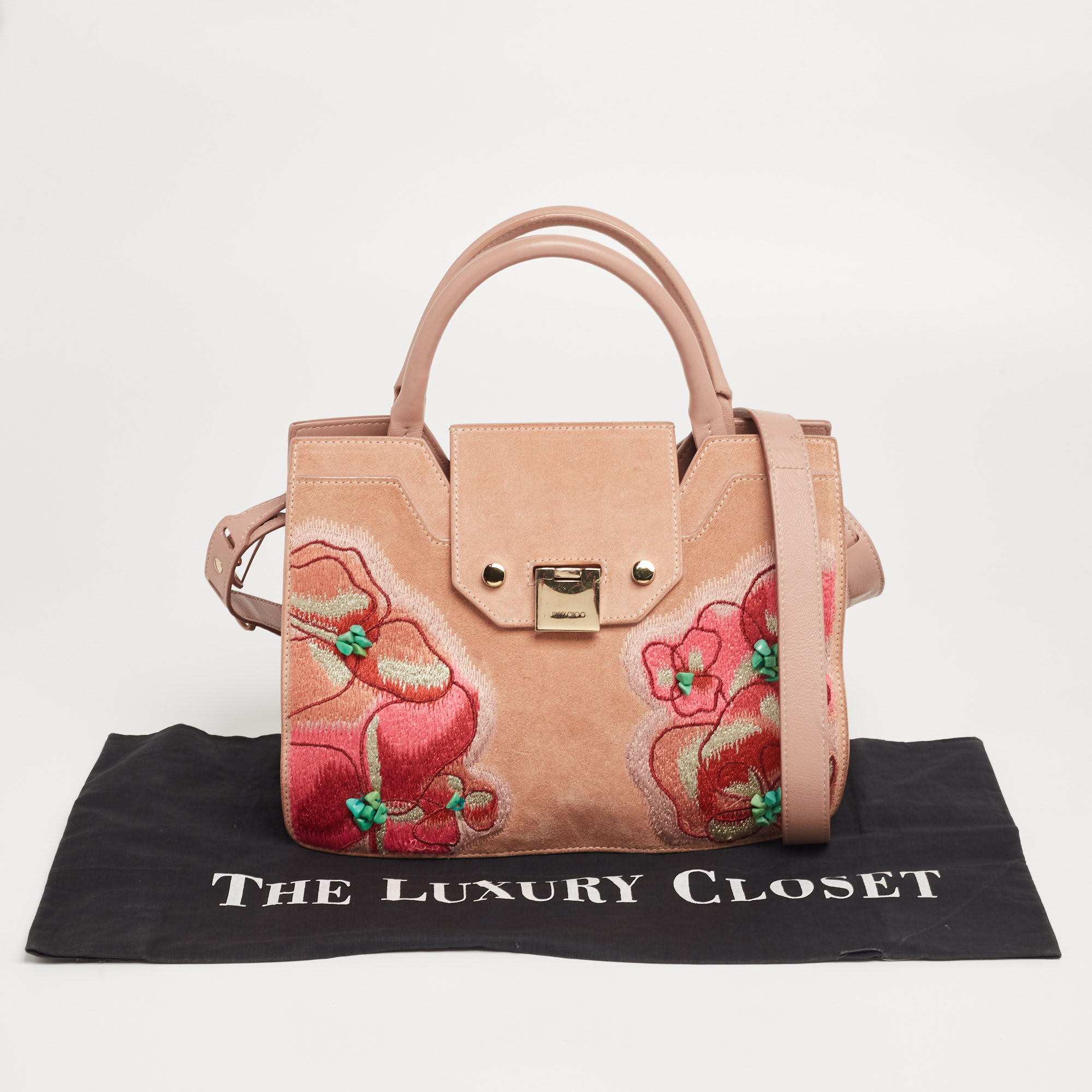 Jimmy Choo Dusty Pink Floral Embroidered Suede And Leather Riley Tote