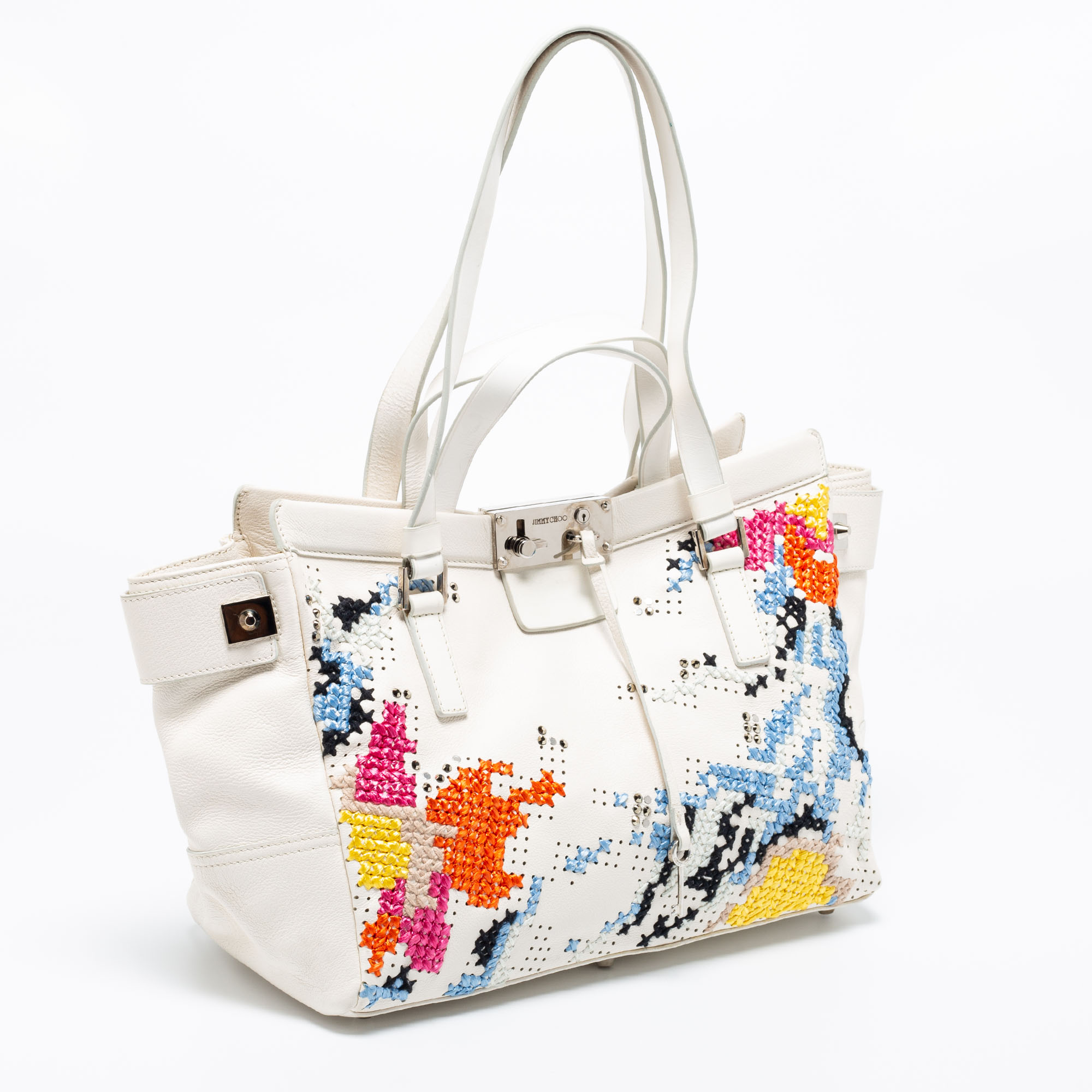 Jimmy Choo White Cross Stitched/Embellished Leather Tote