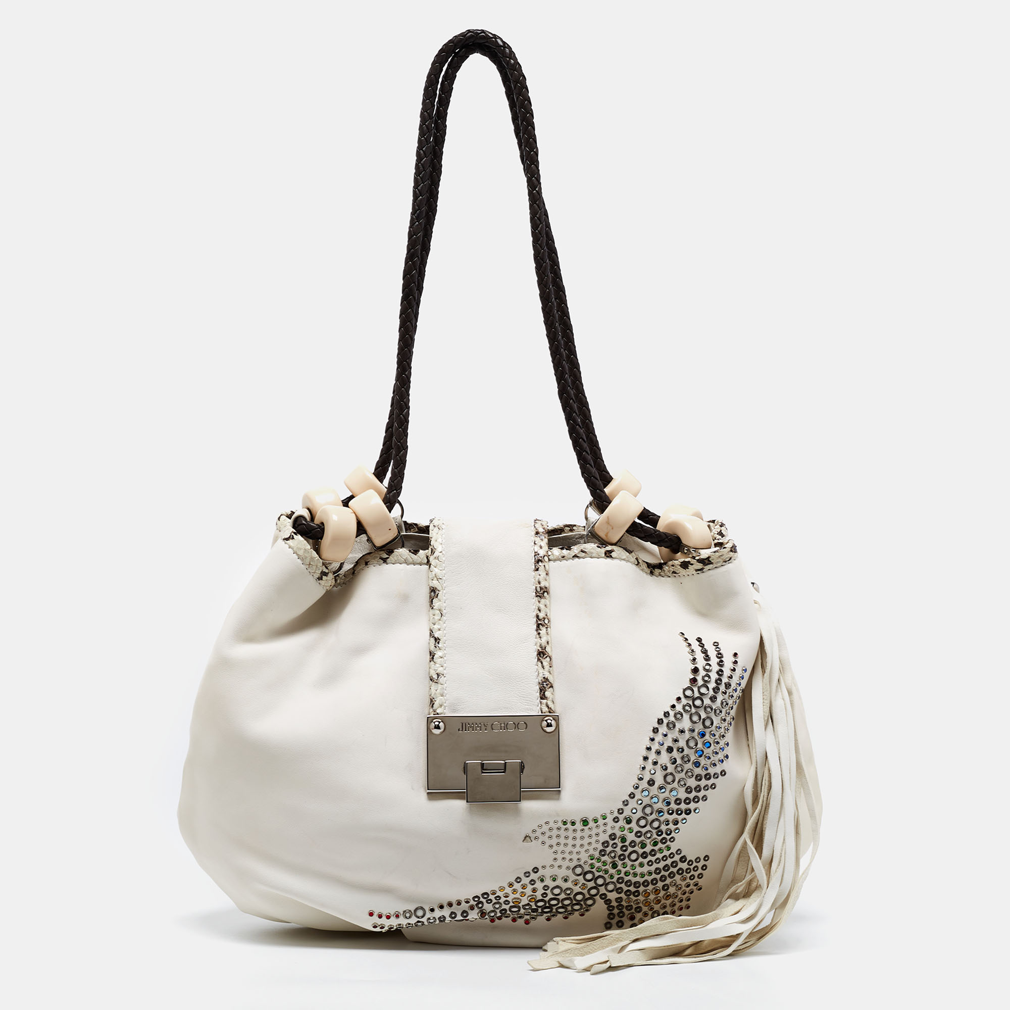 Jimmy choo white embellished leather and python trim beaded drawstring hobo