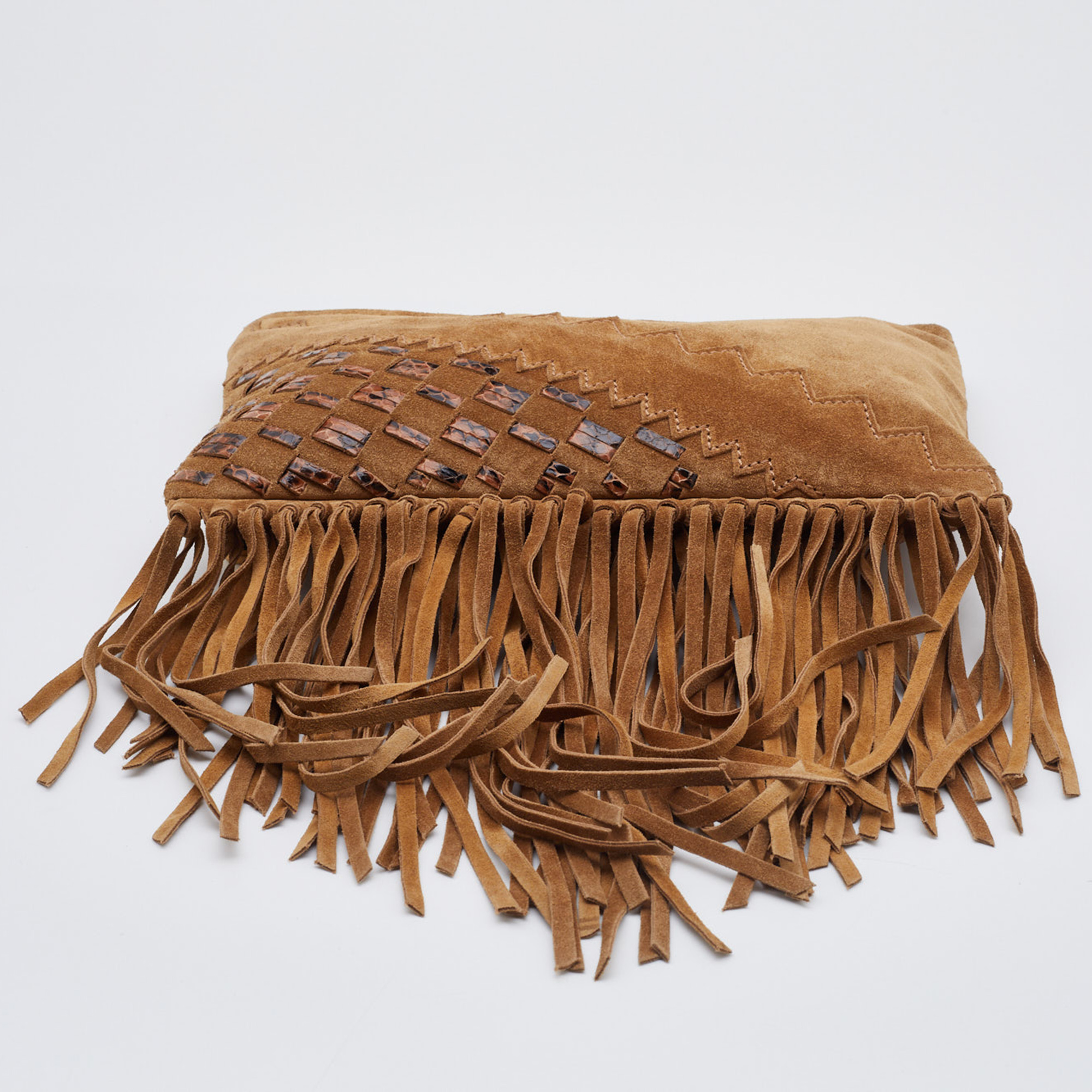 Jimmy Choo Brown Suede And Watersnake Leather Fringe Tita Convertible Clutch