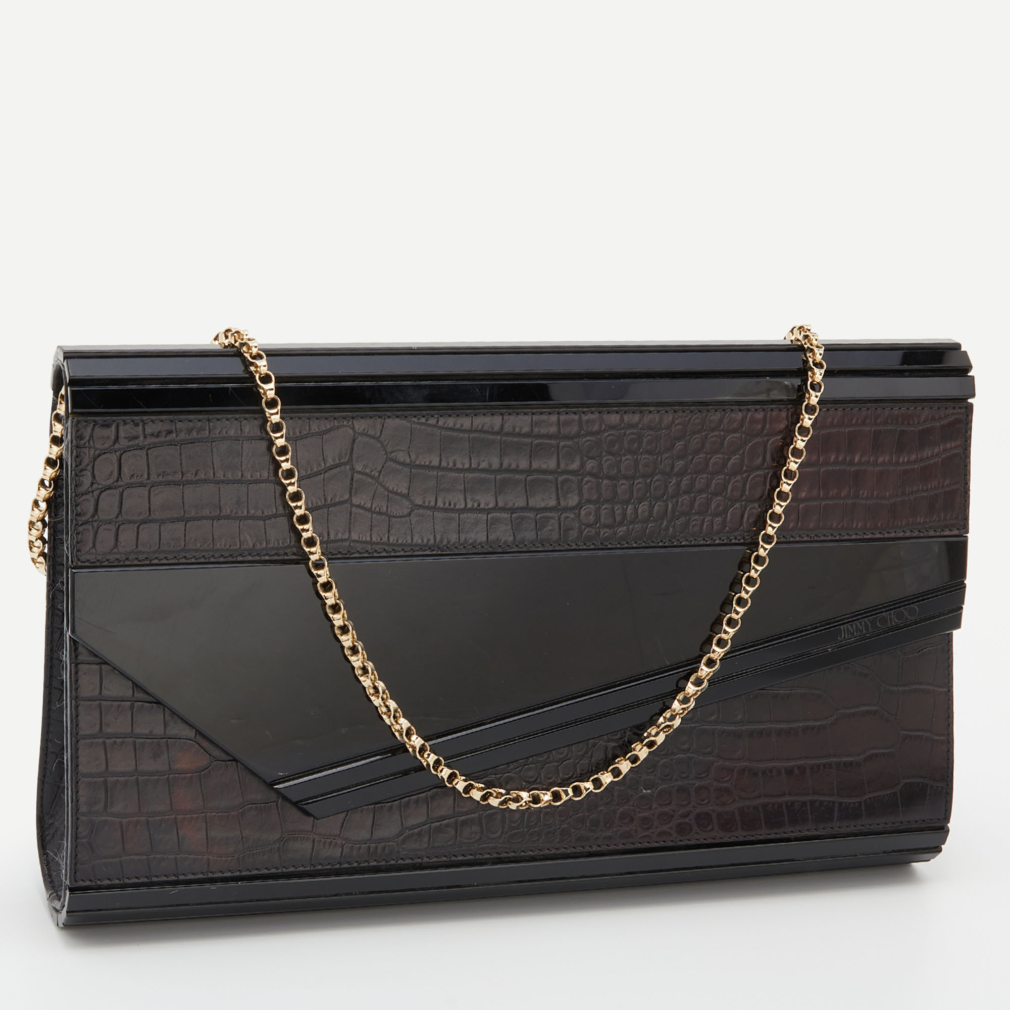 Jimmy Choo Black Croc Embossed Leather And Acrylic Candy Chain Clutch