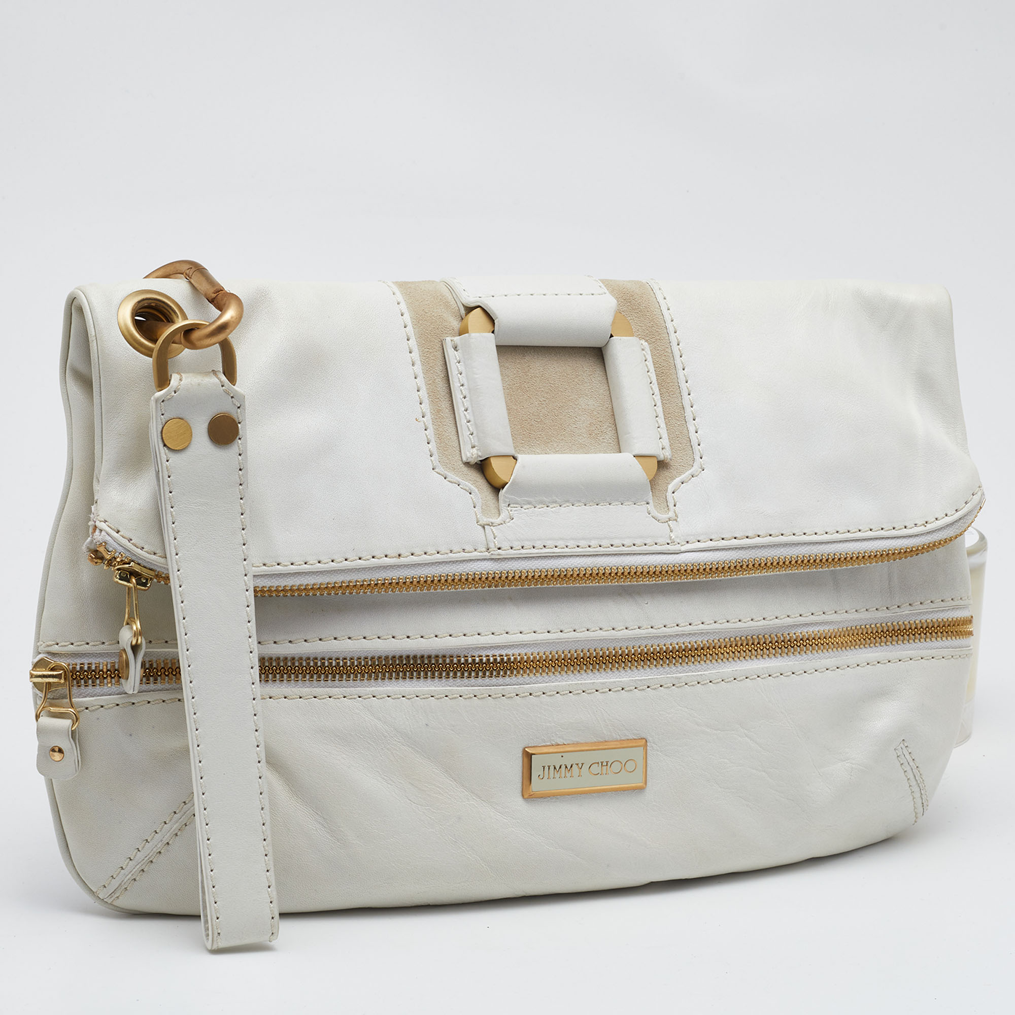 Jimmy Choo White Leather And Suede Large Mave Foldover Clutch