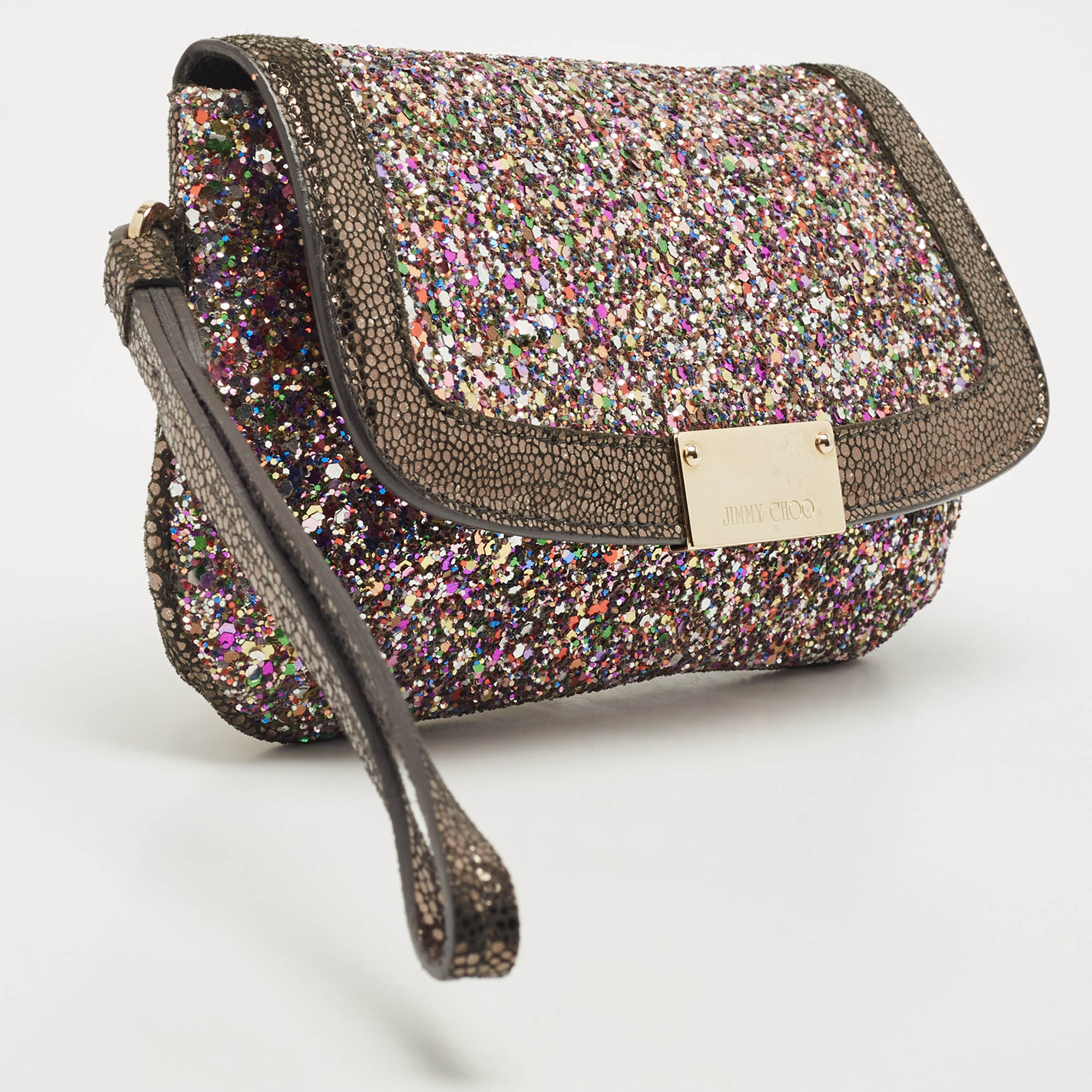Jimmy Choo Multicolor Glitter And Leather Wristlet Pouch