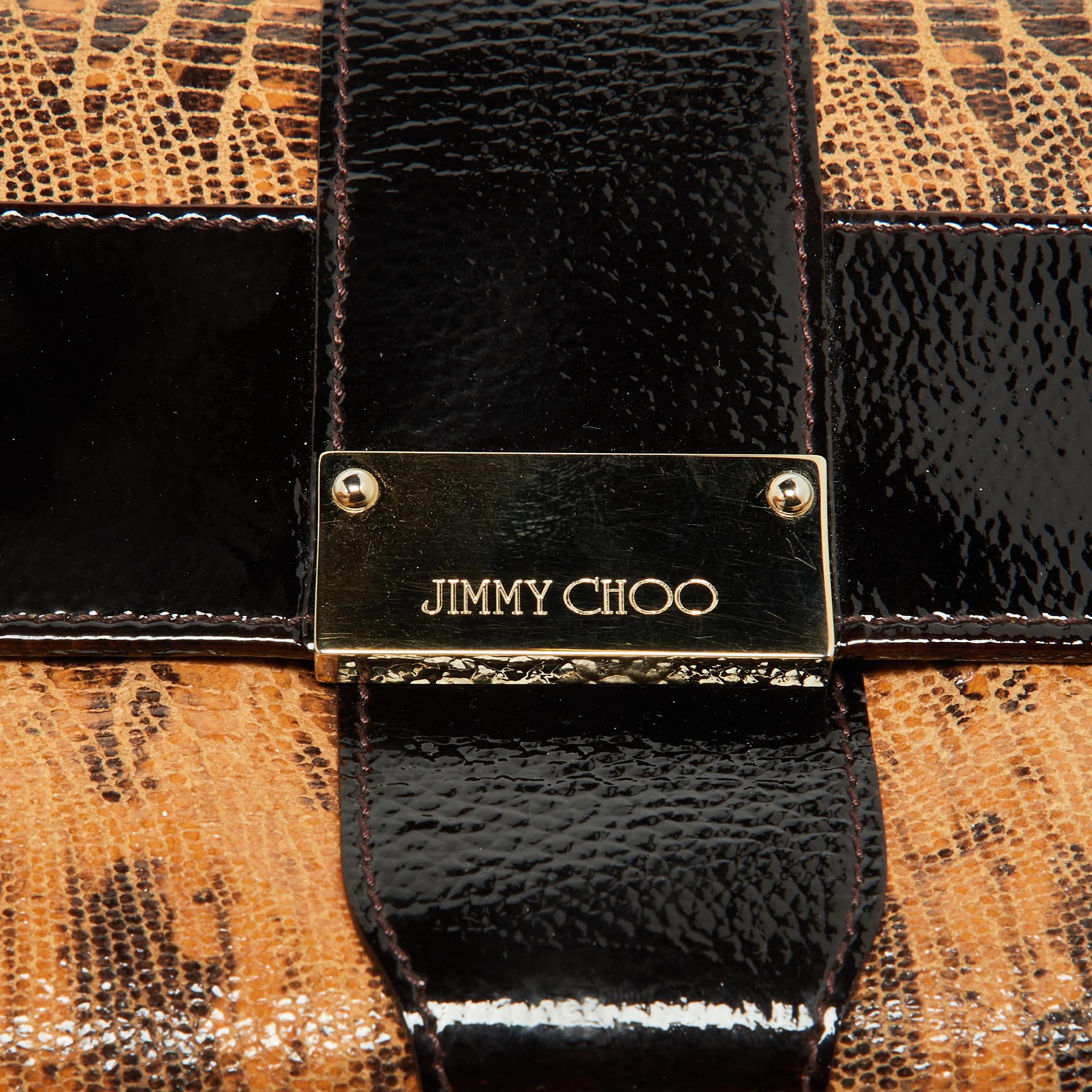 Jimmy Choo Beige/Brown Lizard Embossed And Patent Leather Reese Clutch