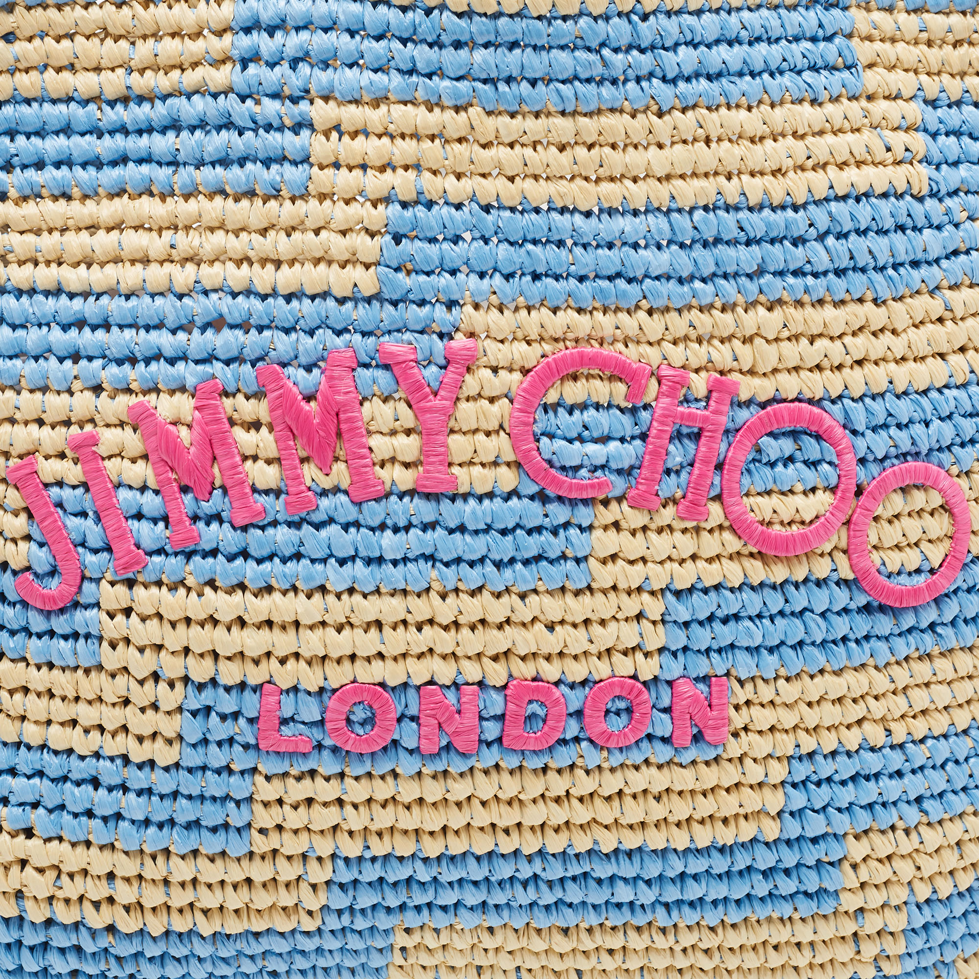 Jimmy Choo Tri Color Woven Raffia Embroidered Logo Avenue Tote