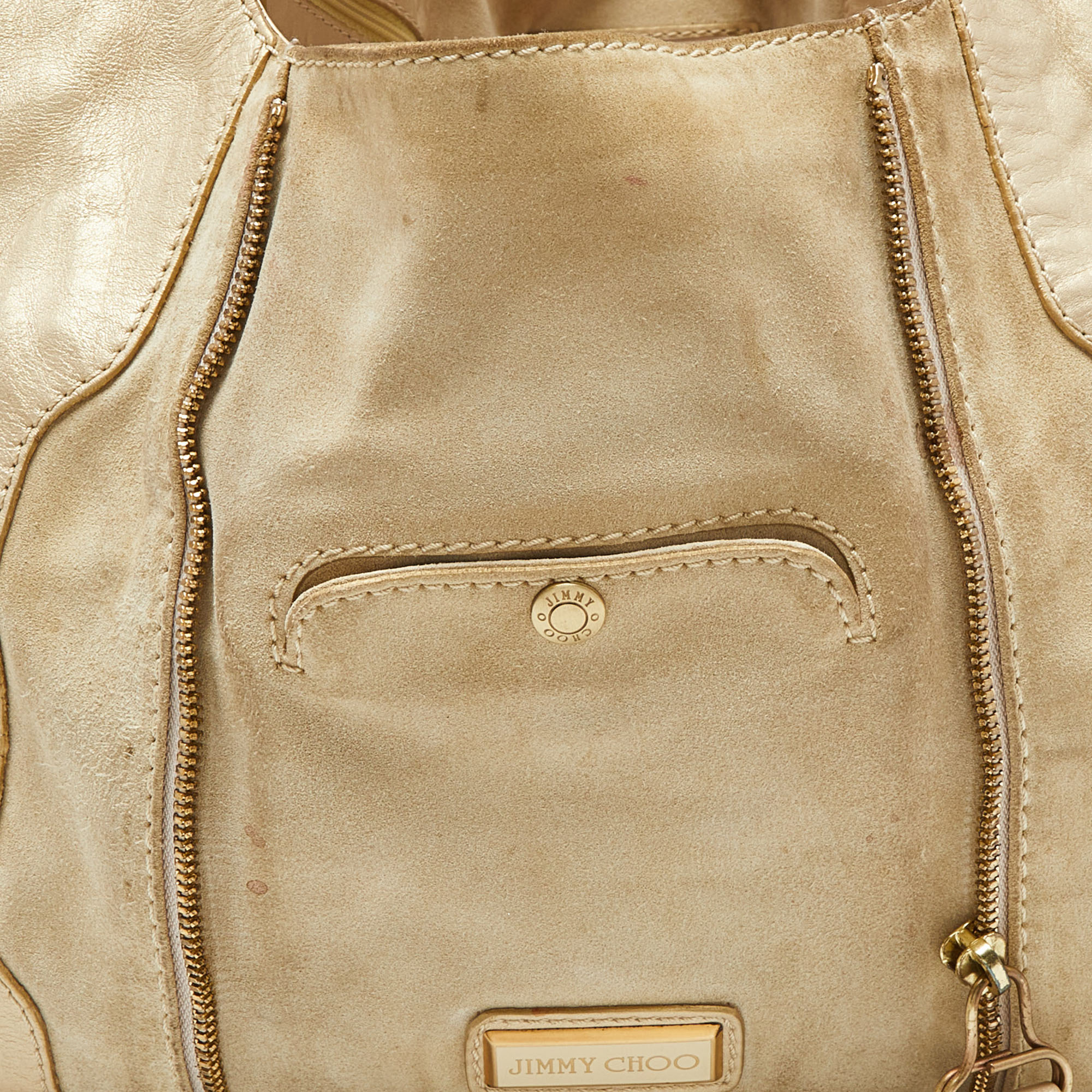 Jimmy Choo Beige/Gold Leather And Suede Mandah Expandable Hobo