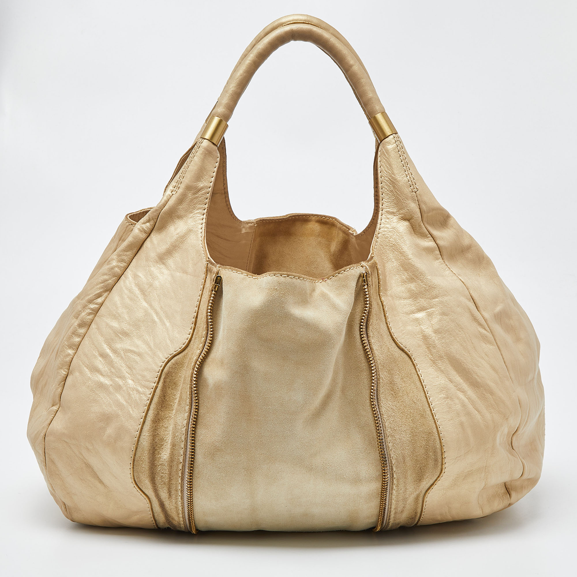 Jimmy Choo Beige/Gold Leather And Suede Mandah Expandable Hobo