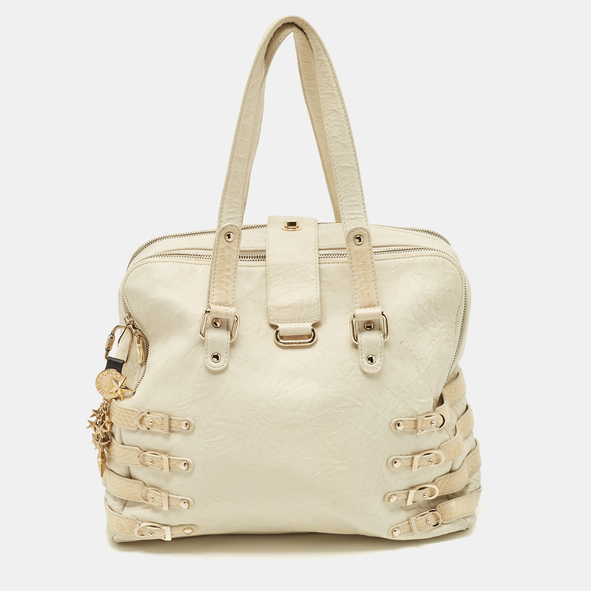 Jimmy Choo Off White/Light Beige Distressed Leather And Snakeskin Trims Bree Satchel