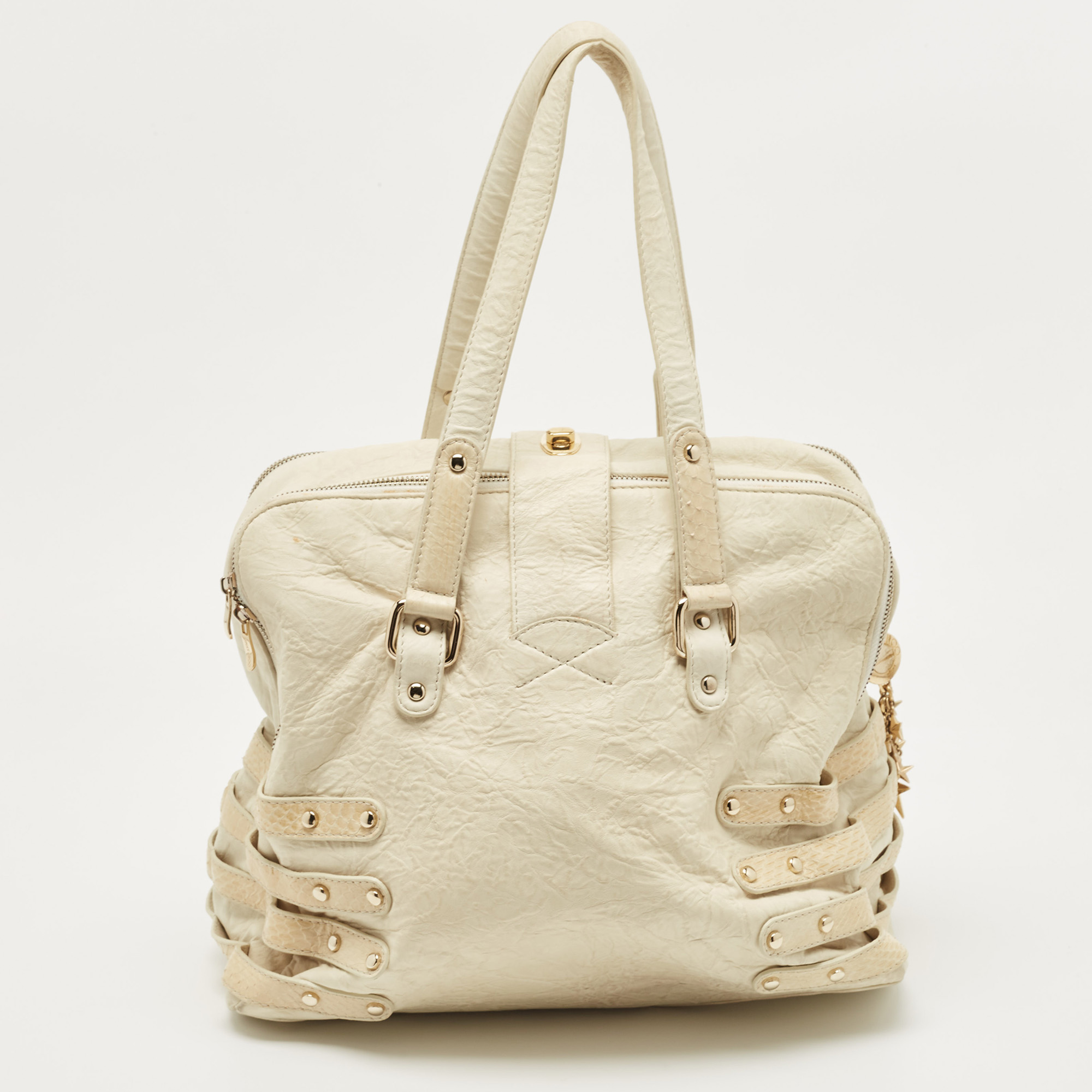 Jimmy Choo Off White/Light Beige Distressed Leather And Snakeskin Trims Bree Satchel