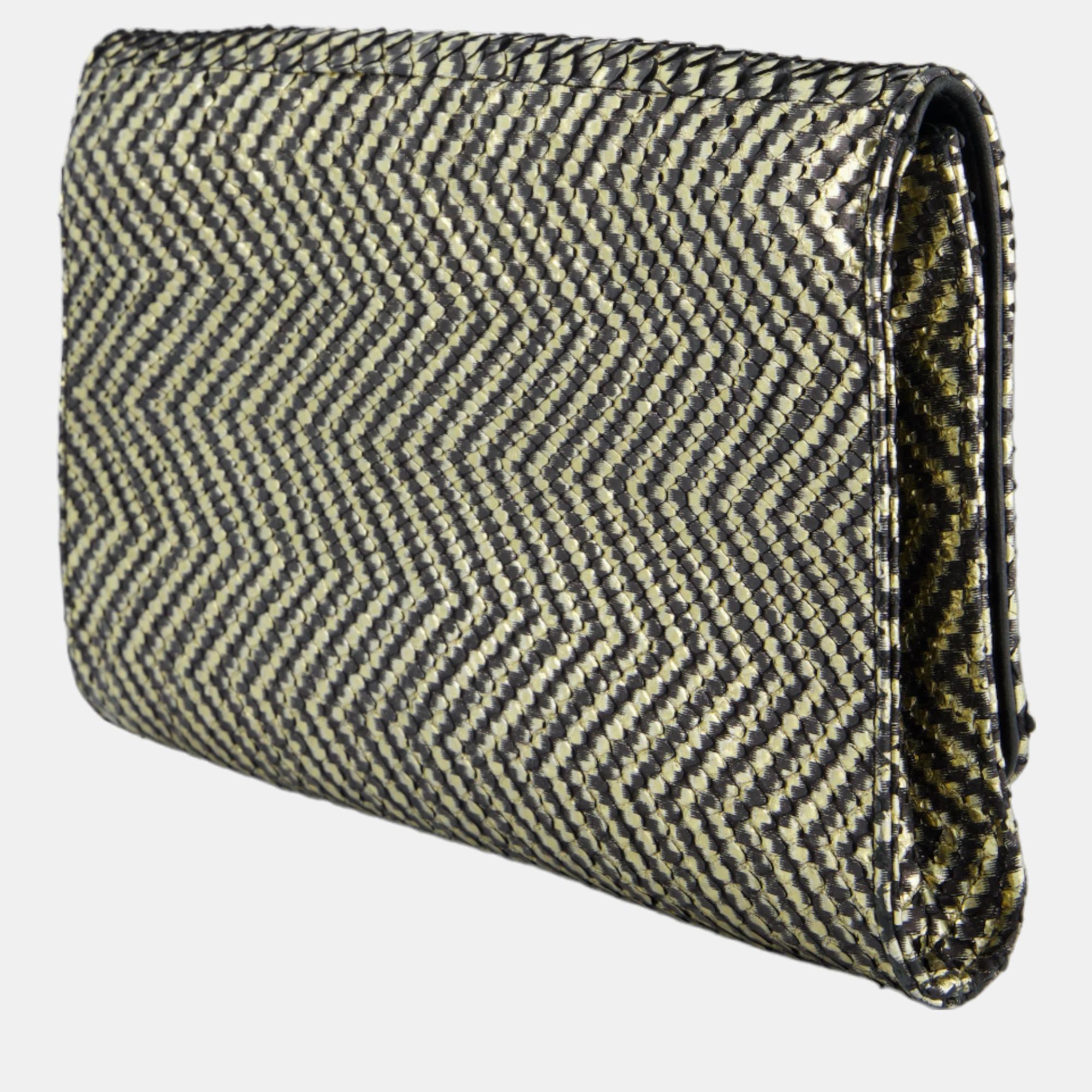 Jimmy Choo Black And Gold Python Embossed Zig Zag Clutch Bag With Gold Chain Strap