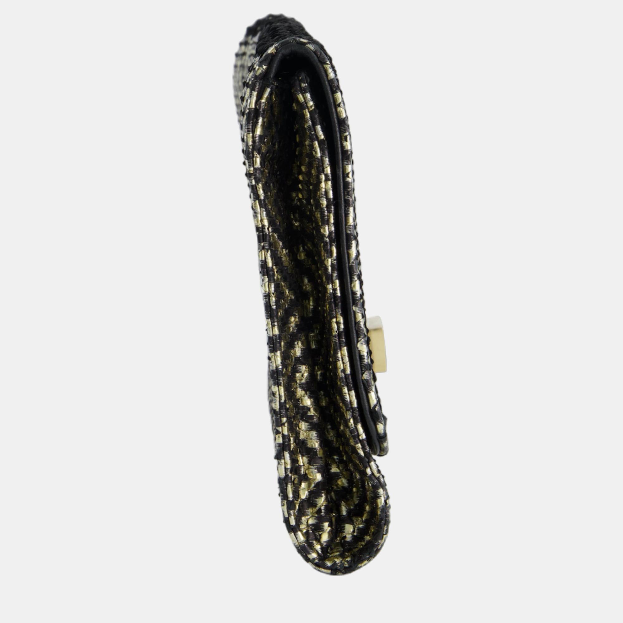 Jimmy Choo Black And Gold Python Embossed Zig Zag Clutch Bag With Gold Chain Strap