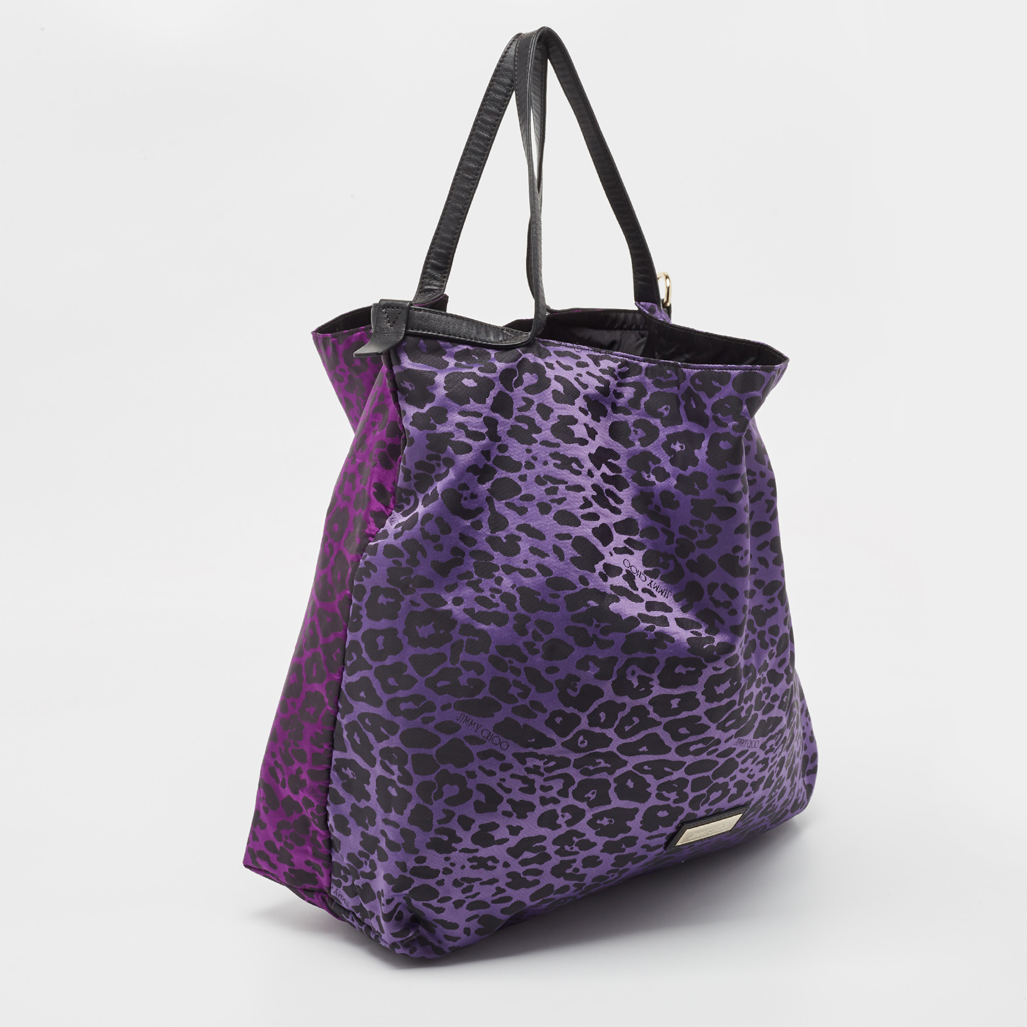 Jimmy Choo Purple/Black Leopard Print Fabric Zip Shopper Tote
