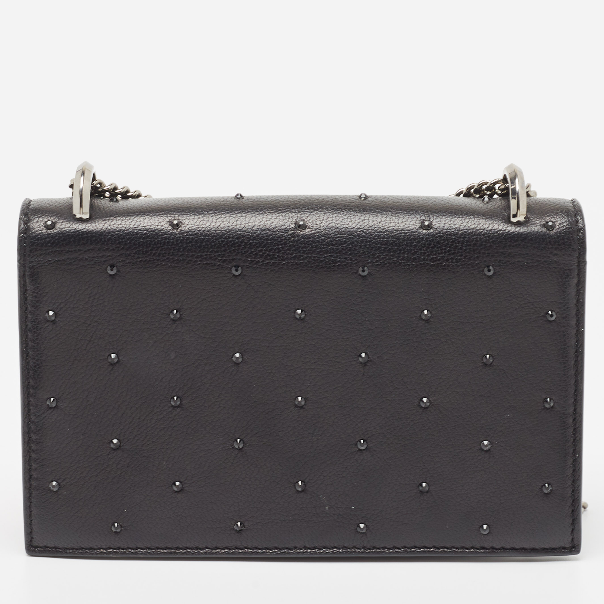 Jimmy Choo Black Leather Crystal Embellished Wallet On Chain