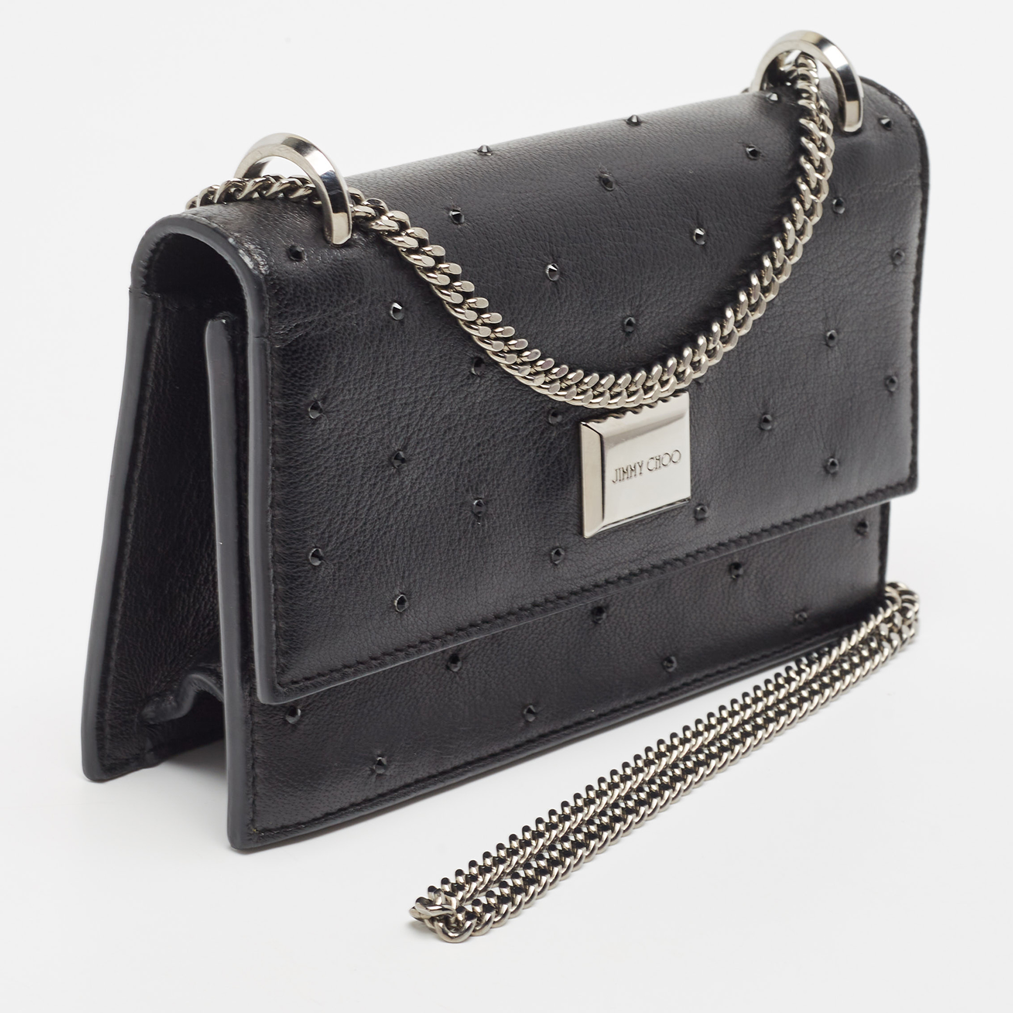 Jimmy Choo Black Leather Crystal Embellished Wallet On Chain