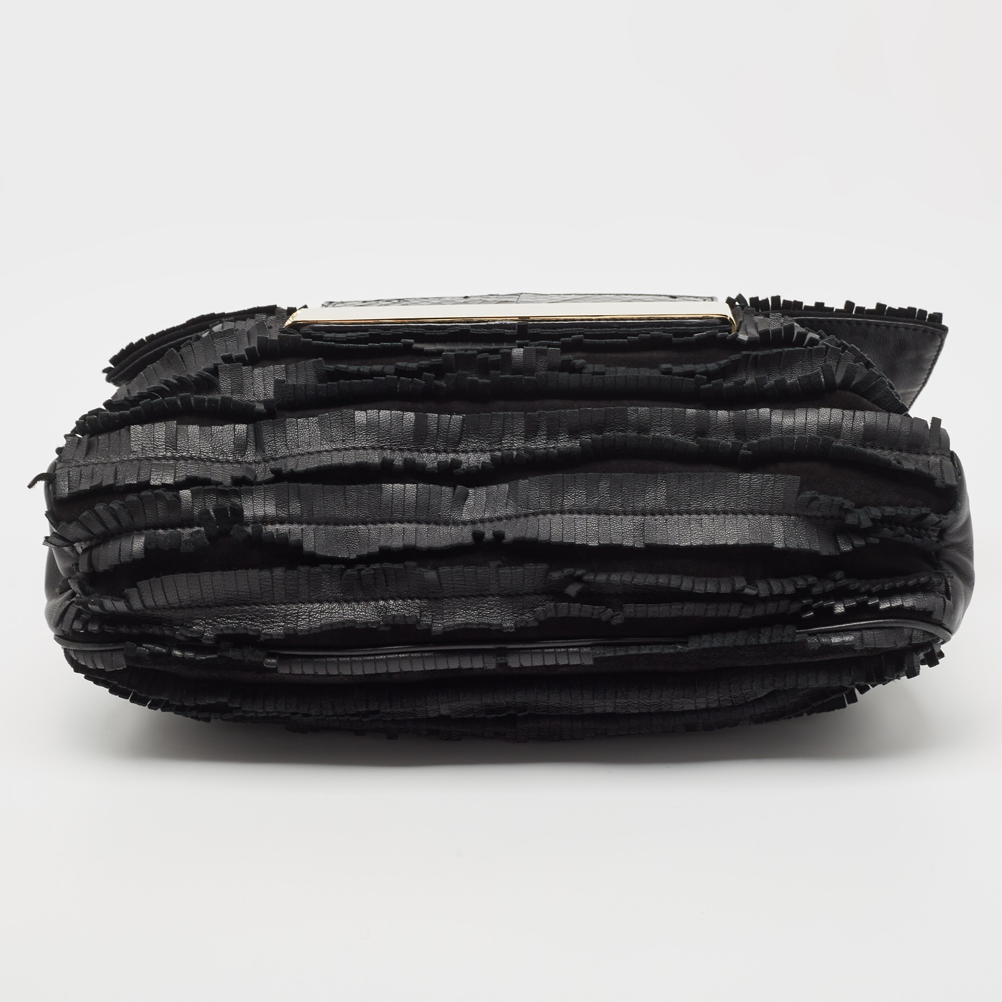 Jimmy Choo Black Python Leather And Suede Carolina Fringe Shoulder Bag