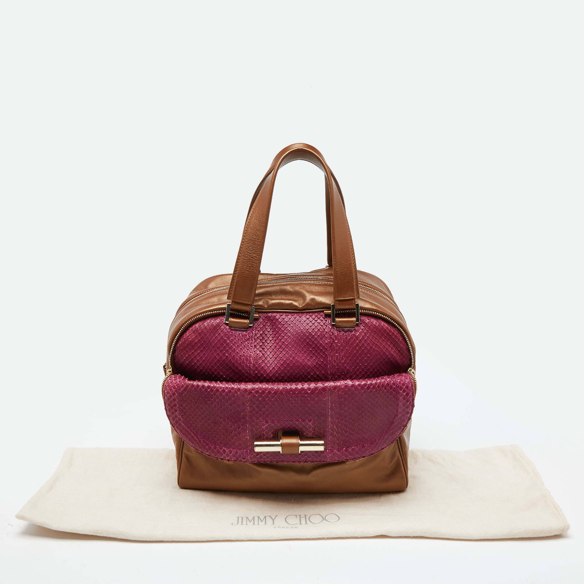 Jimmy Choo Brown/Magenta Leather And Watersnake Leather Justine Satchel