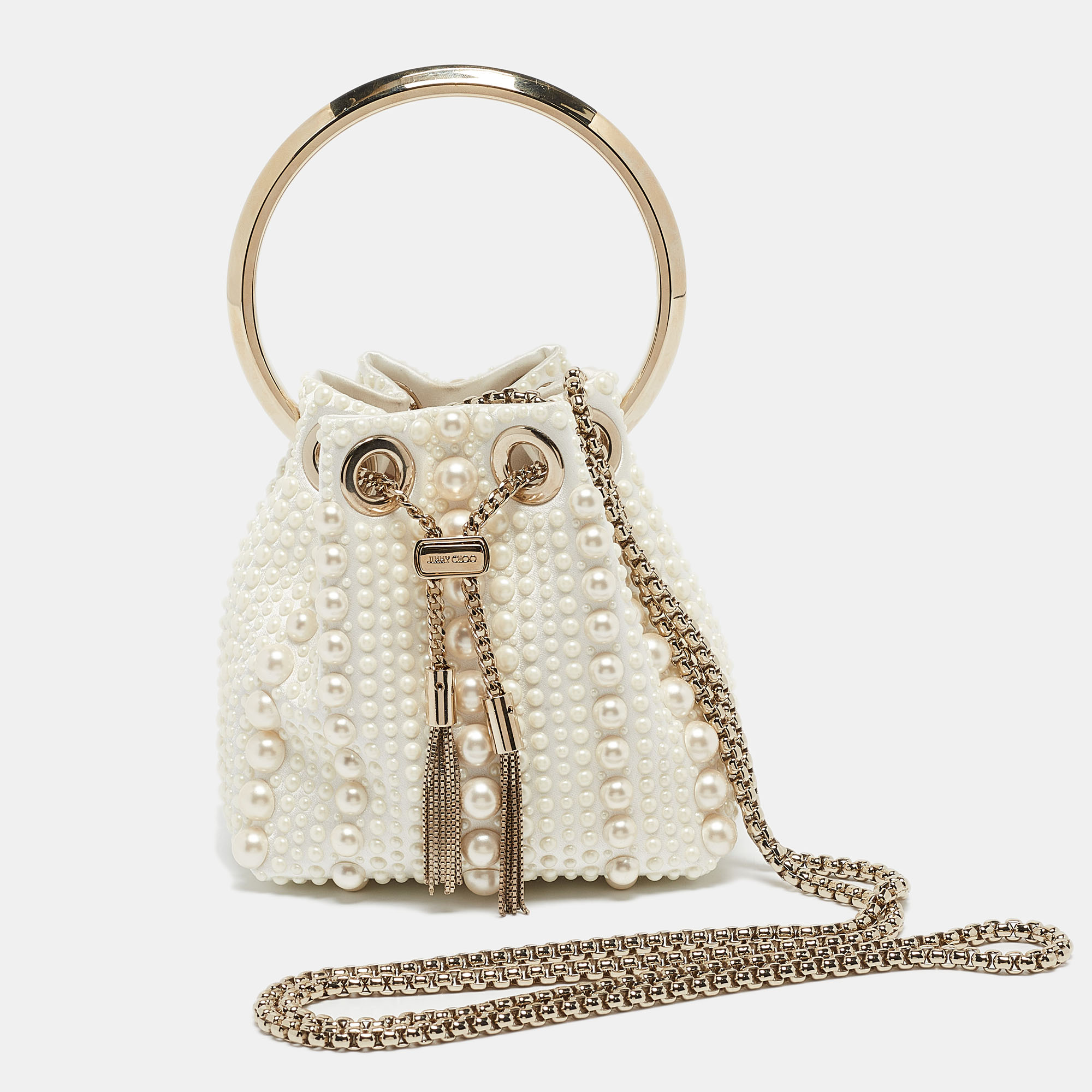 Jimmy choo ivory satin micro pearl embellished bon bon bucket bag