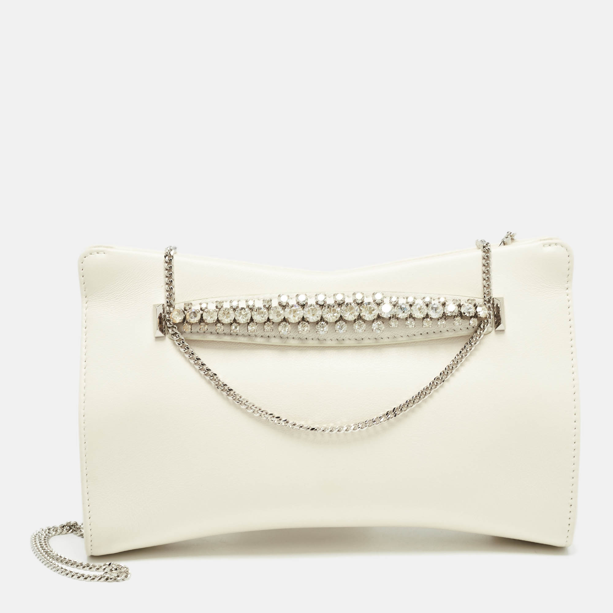 Jimmy choo off white leather crystal embellished venus clutch on chain