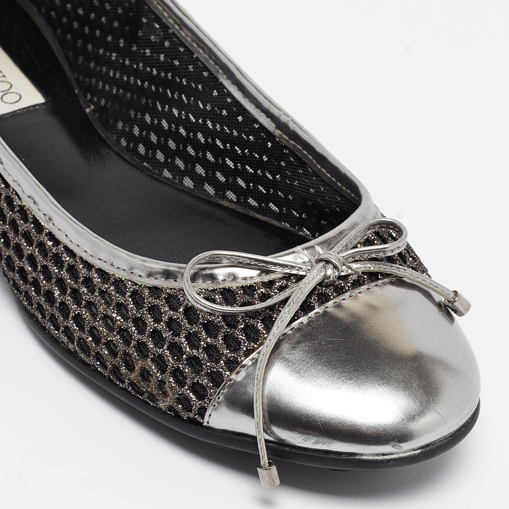 Jimmy Choo Silver Glitter Mesh And Leather Ballet Flats Size 36.5