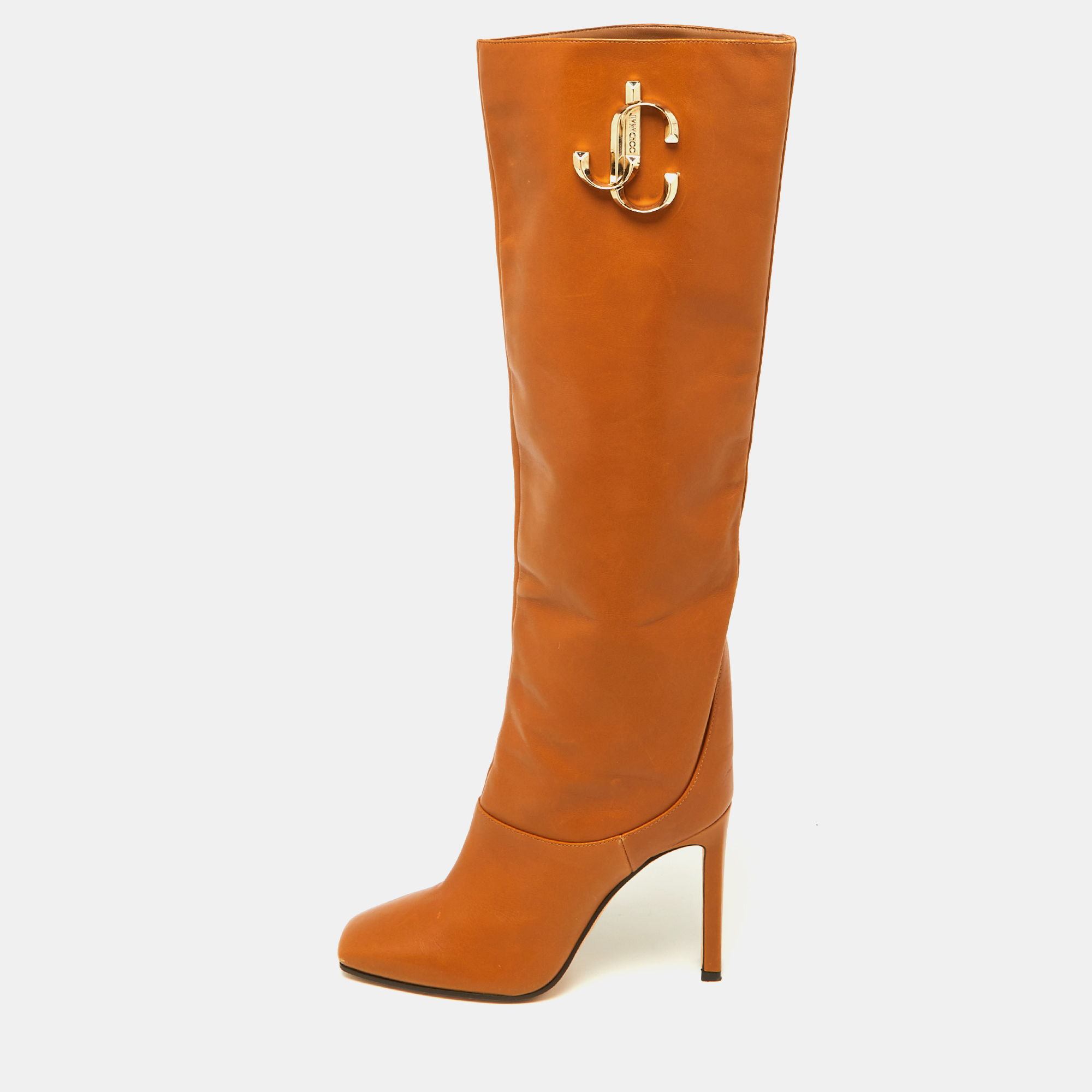 Jimmy choo brown leather mahesa 100 embellished knee length boots size 36