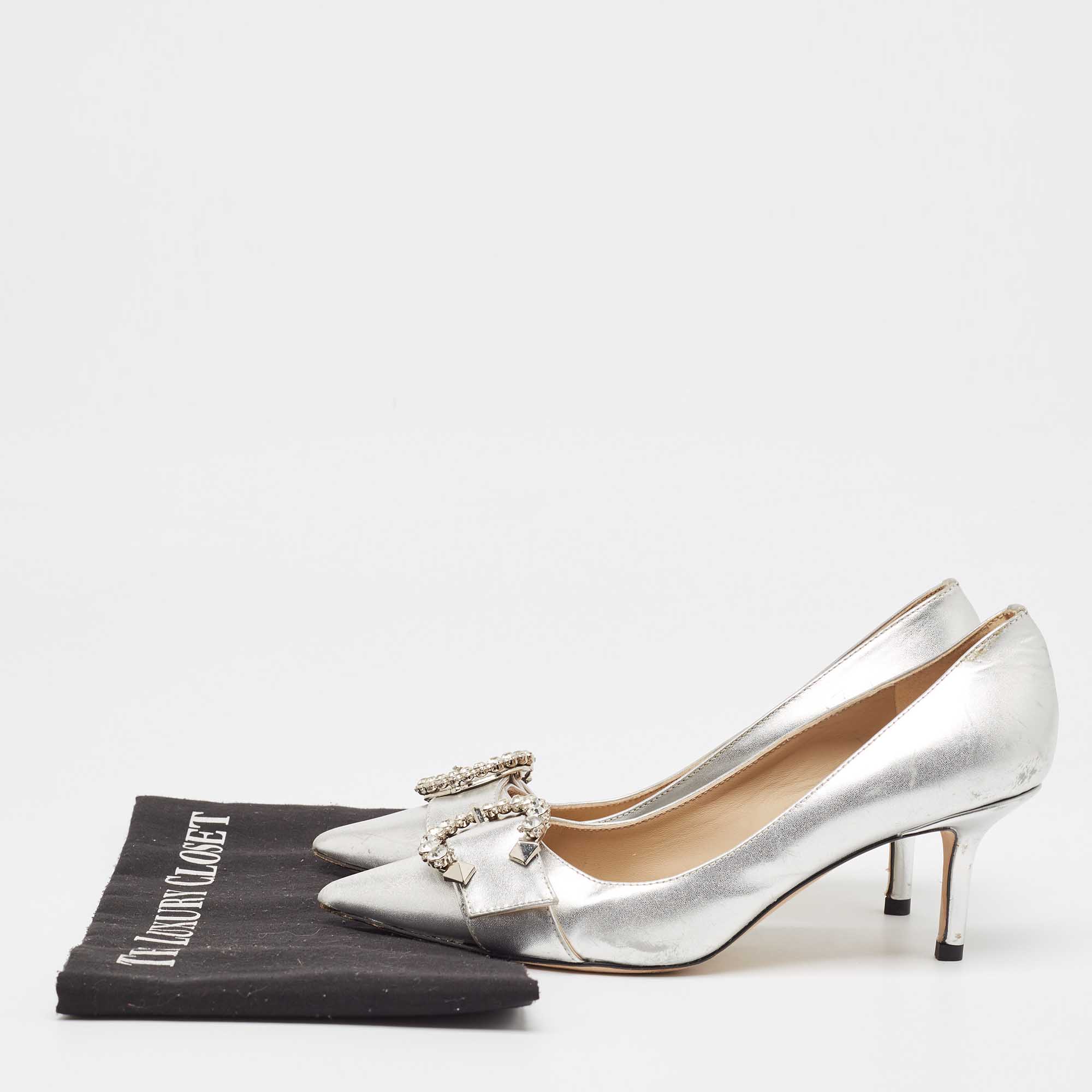 Jimmy Choo Silver Leather Crystal Embellished Pointed Toe Pumps Size 37