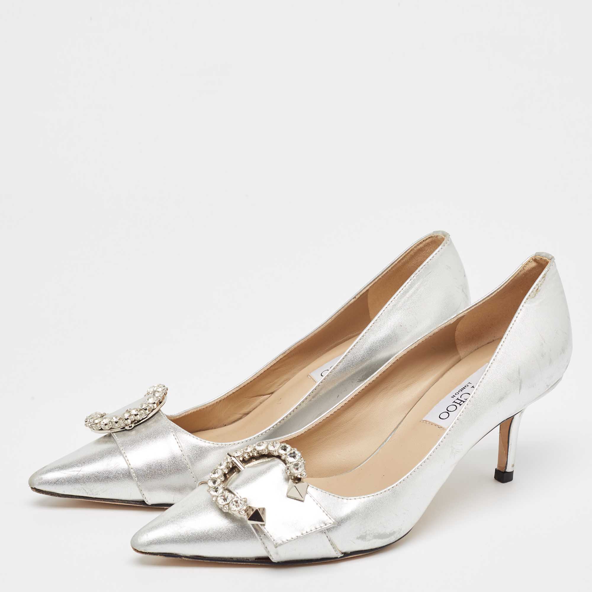 Jimmy Choo Silver Leather Crystal Embellished Pointed Toe Pumps Size 37